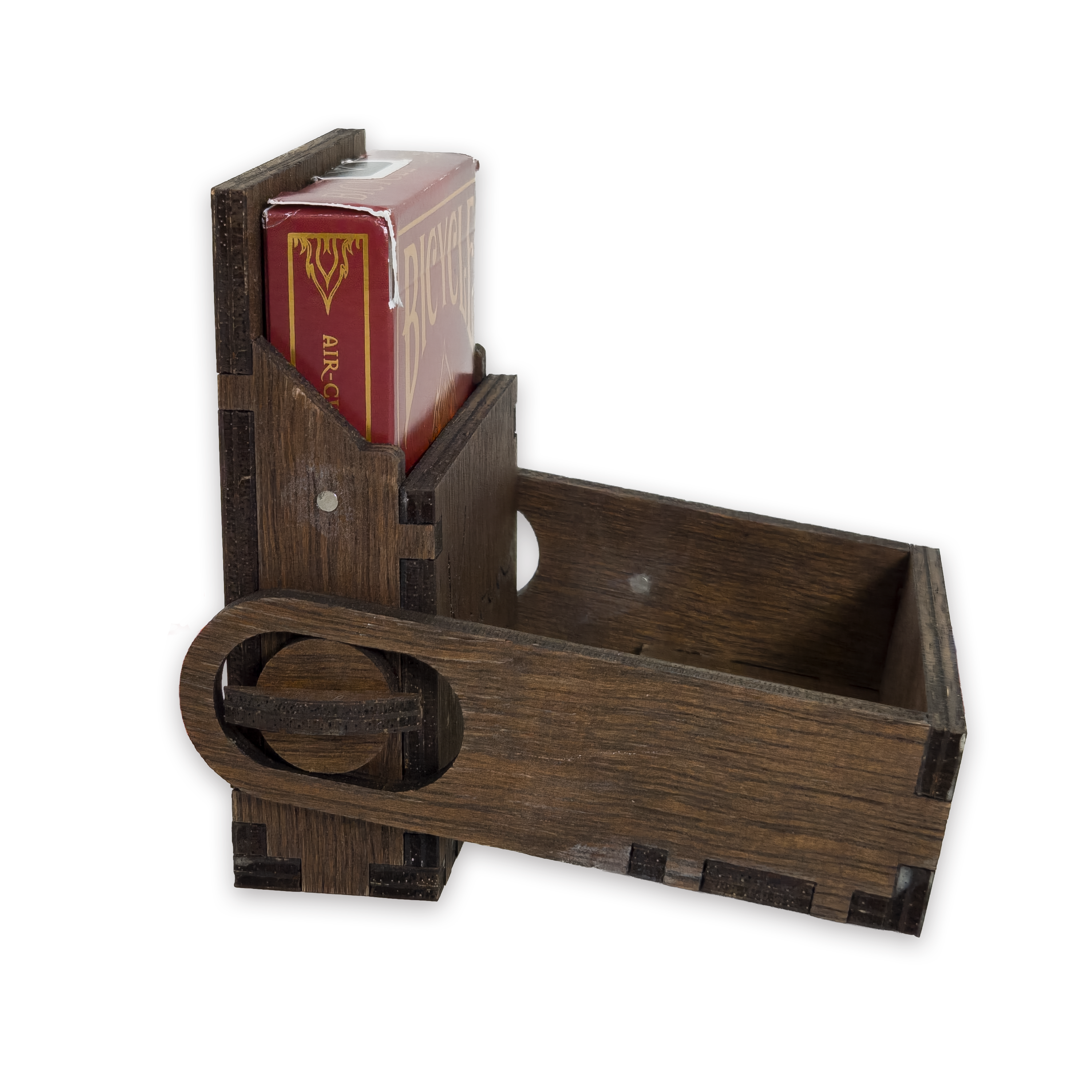 Laser-cut playing card box, dark-walnut-stained birch plywood