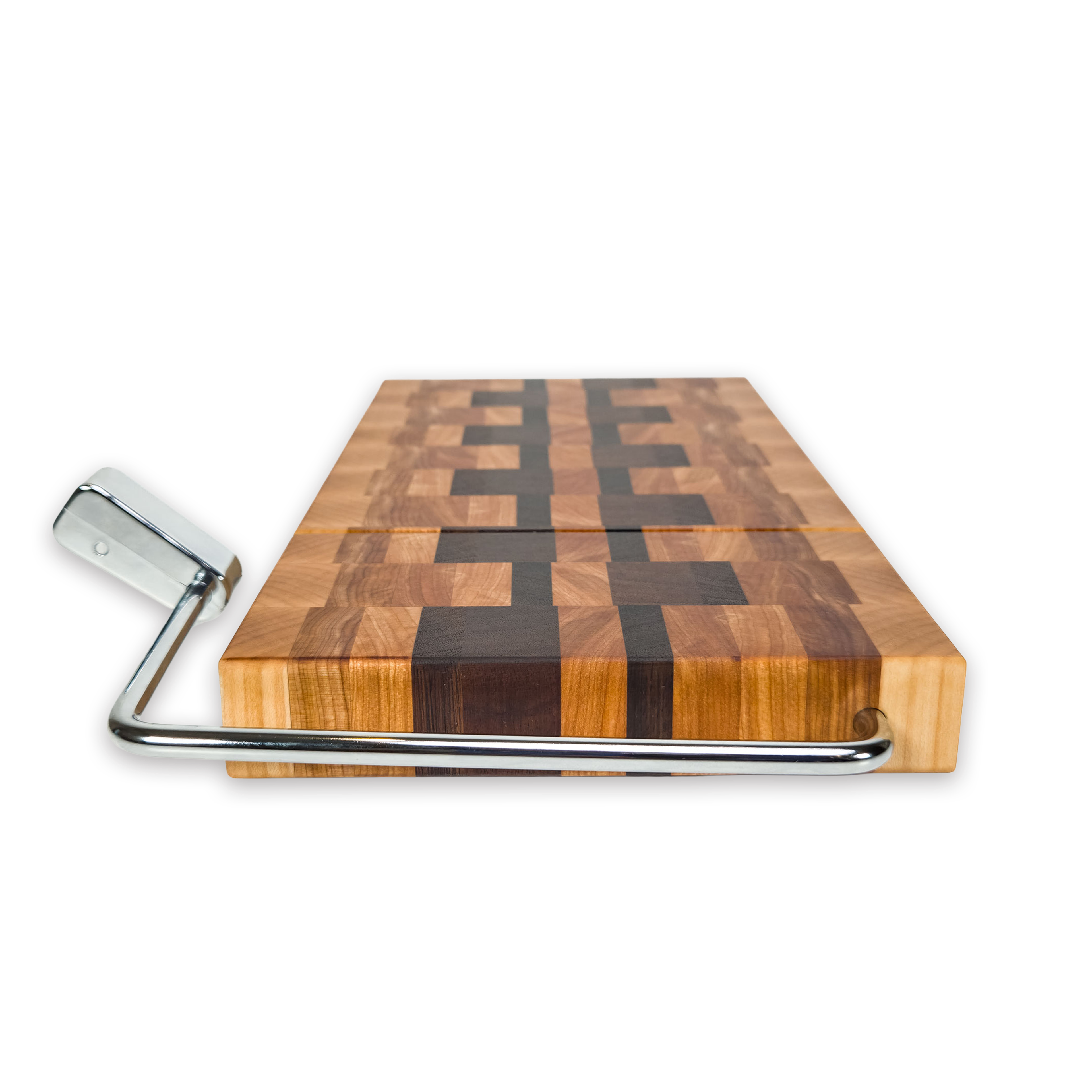 End grain maple, walnut & hickory cheese slicer board with wire cutter, oiled hardwood