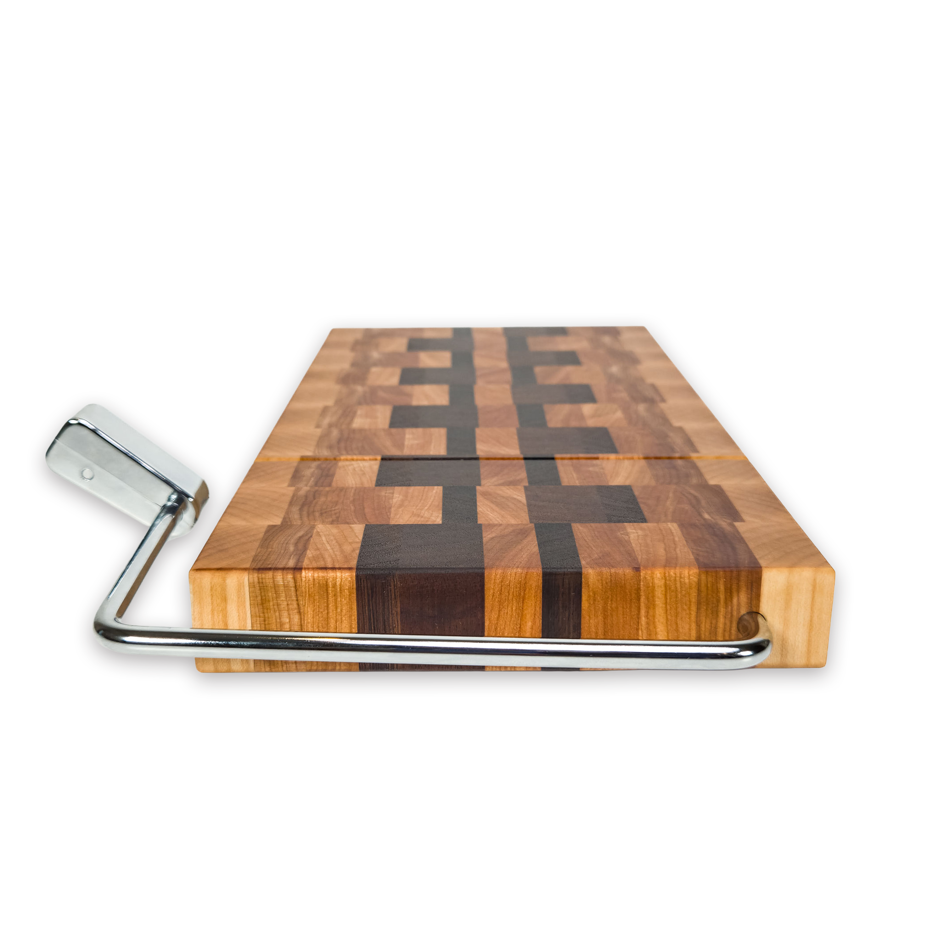 End grain maple, walnut & hickory cheese slicer board with wire cutter, oiled hardwood