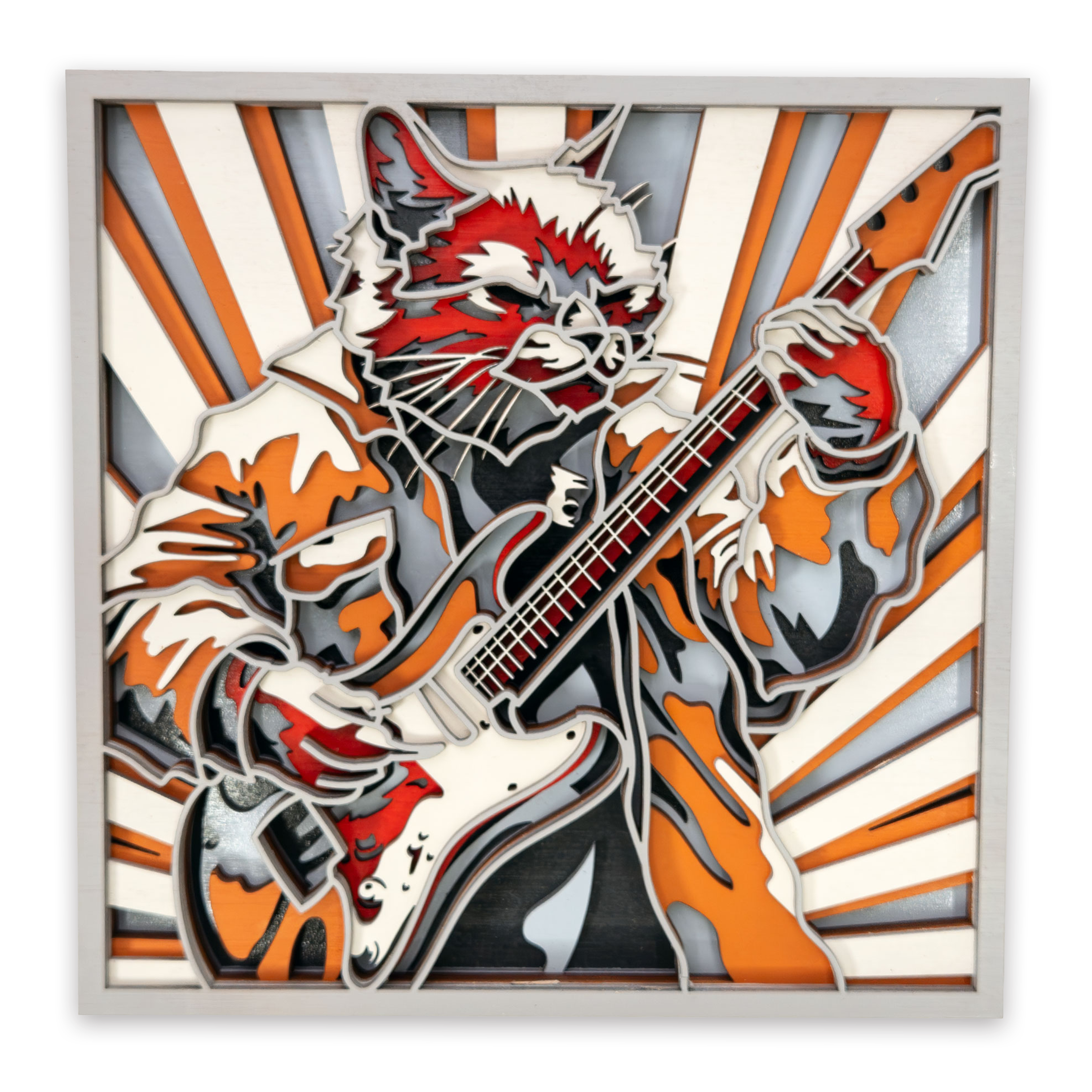 Multilayer 3D laser-cut guitar cat wall art, Baltic Birch Plywood