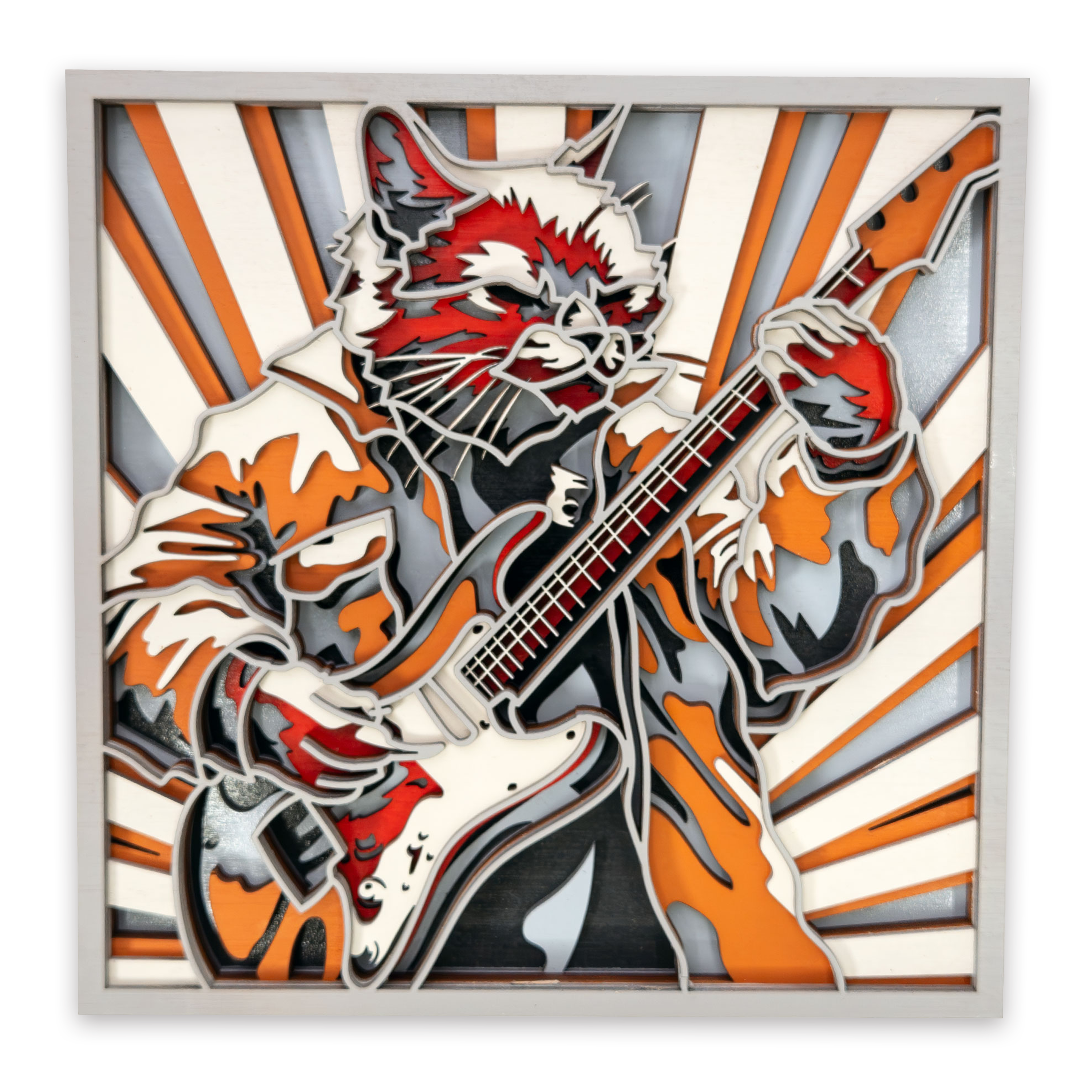 Multilayer 3D laser-cut guitar cat wall art, Baltic Birch Plywood