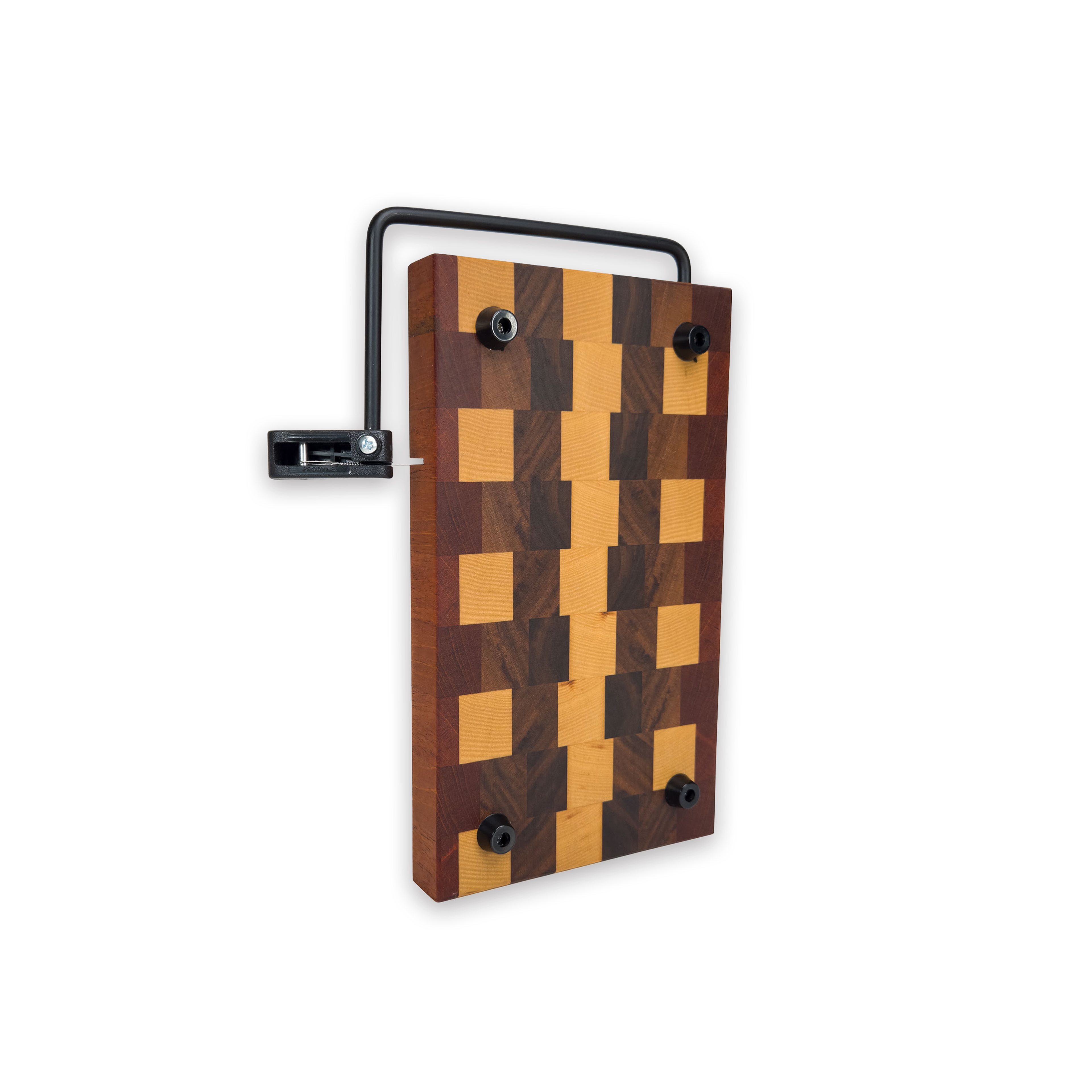 End grain maple, walnut & cherry cheese slicer board with wire cutter, oiled hardwood