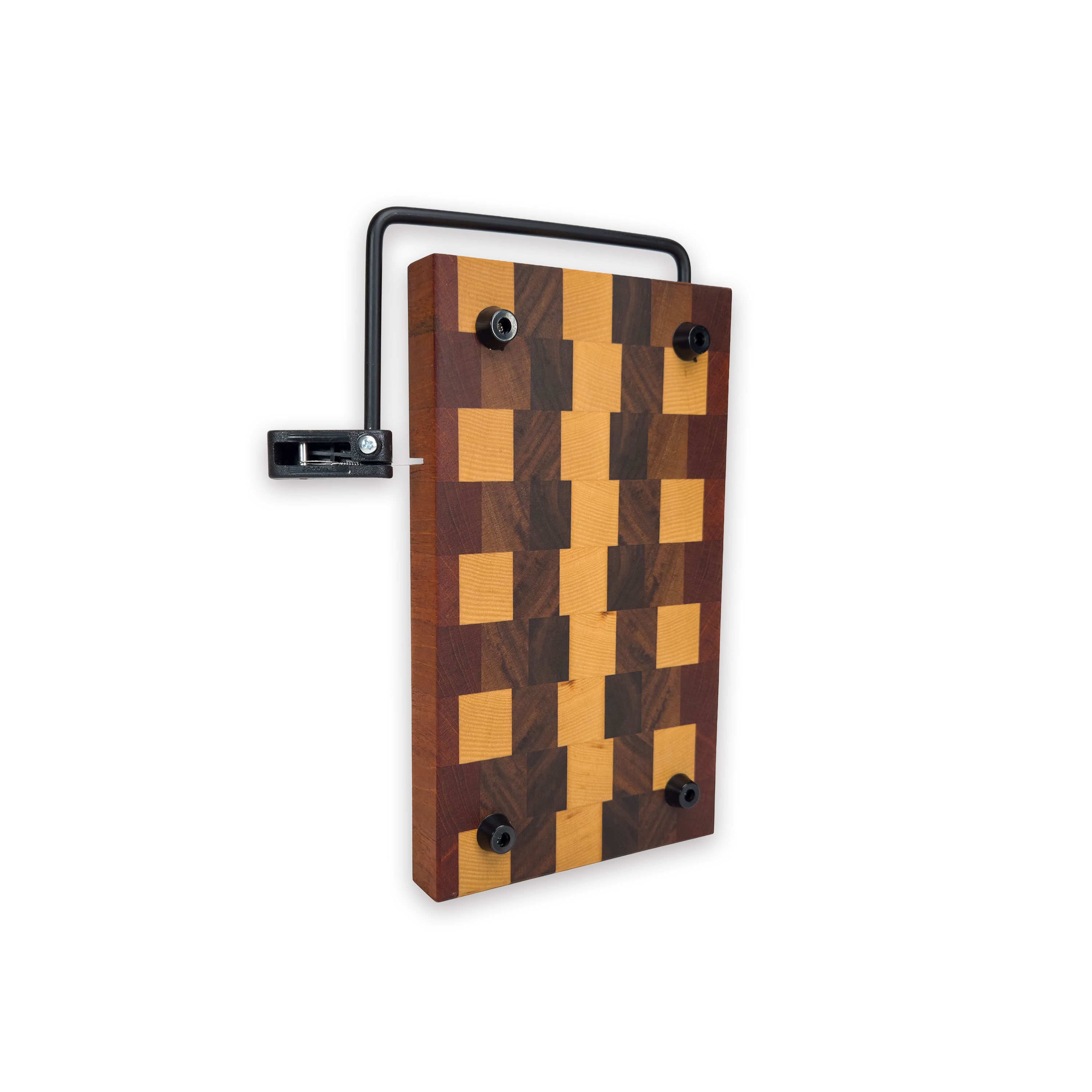 End grain maple, walnut & cherry cheese slicer board with wire cutter, oiled hardwood