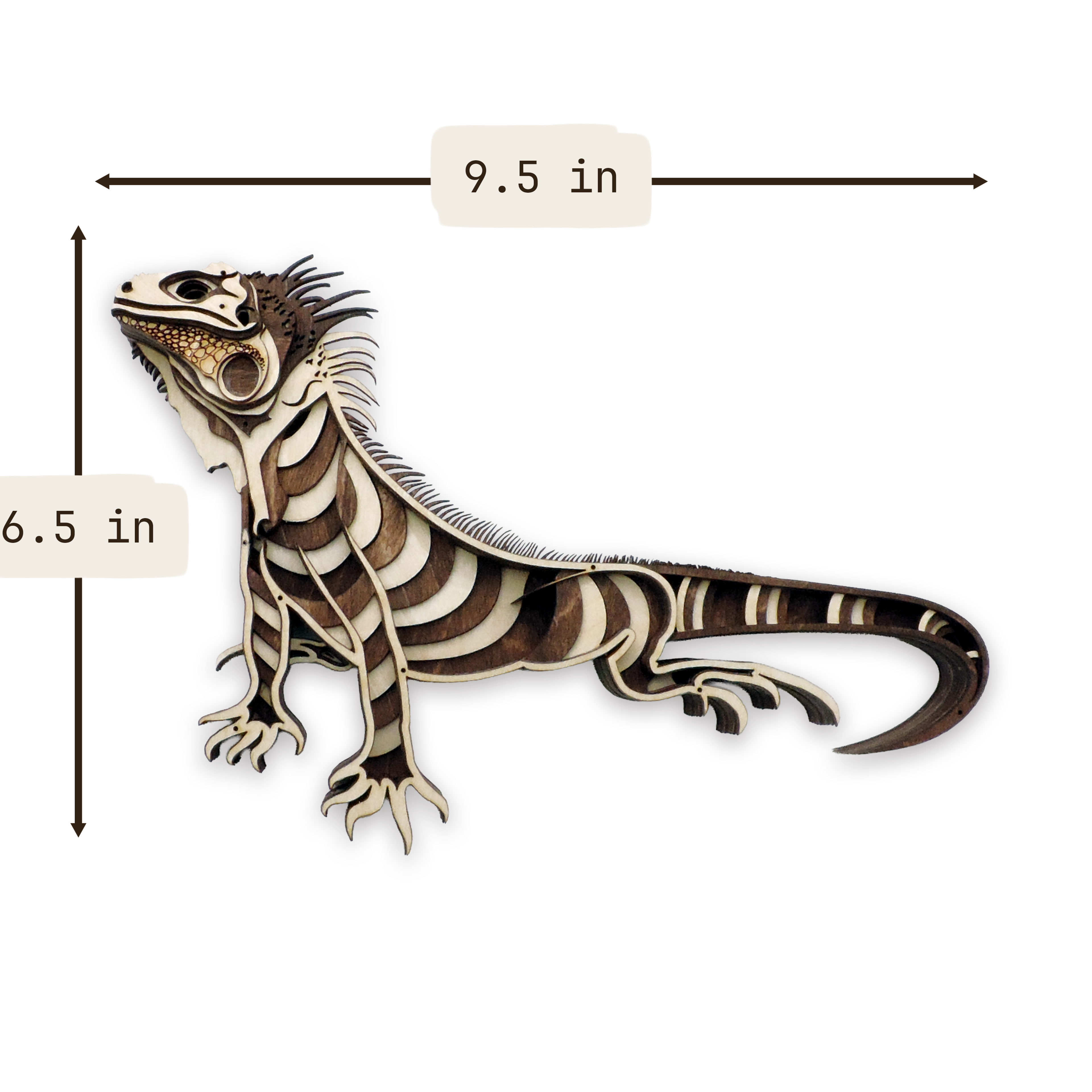 Multilayer 3D laser-cut iguana wall art, Baltic Birch Plywood — walnut maple, small (9.5 × 6.5 in)