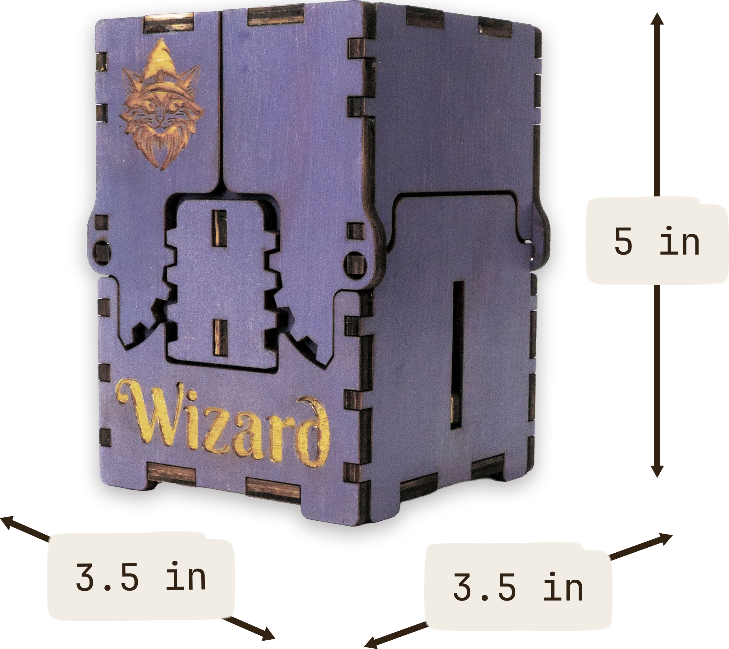 Laser-cut wizard box, purple-painted birch plywood