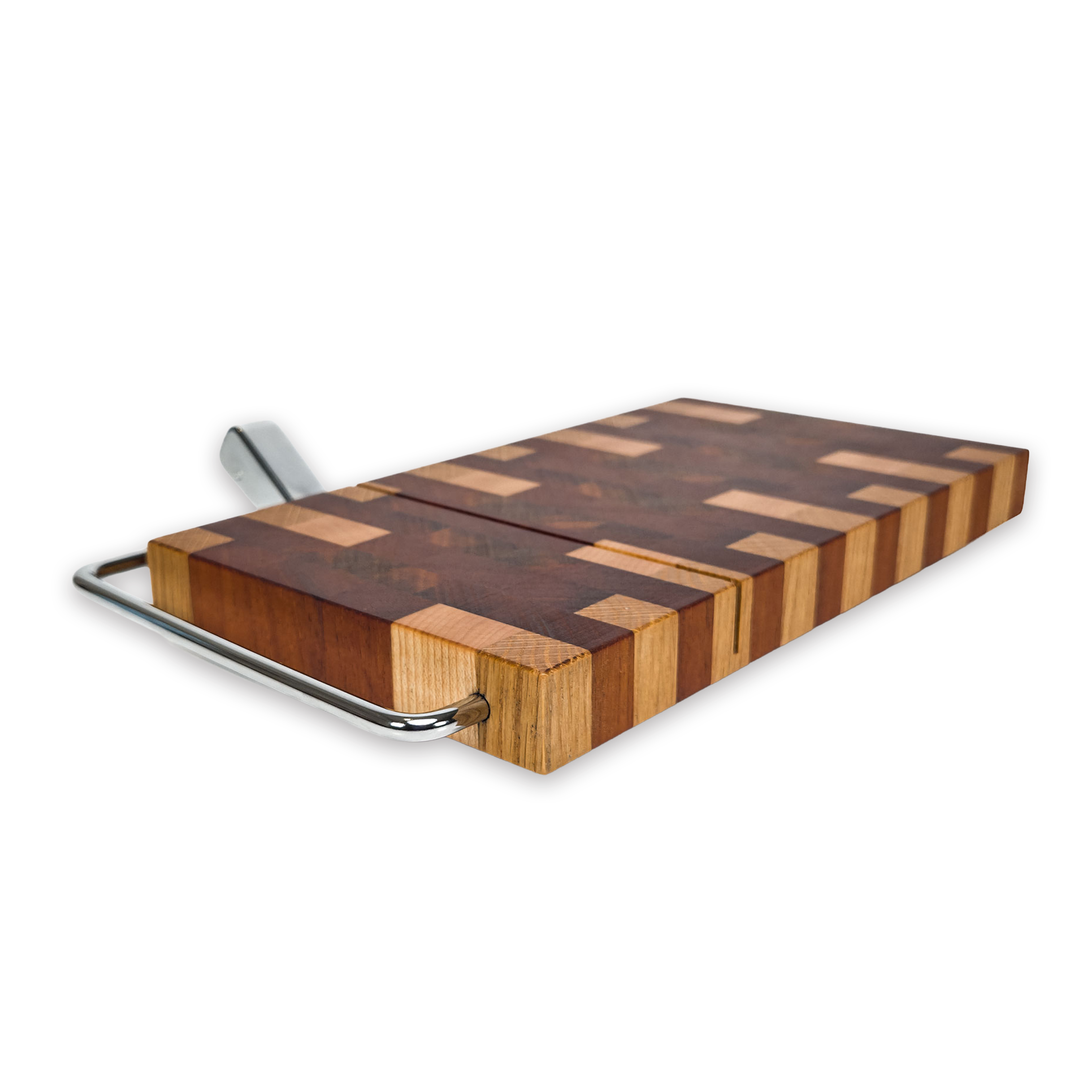 End grain oak, walnut & cherry mosaic cheese slicer board with wire cutter, oiled hardwood