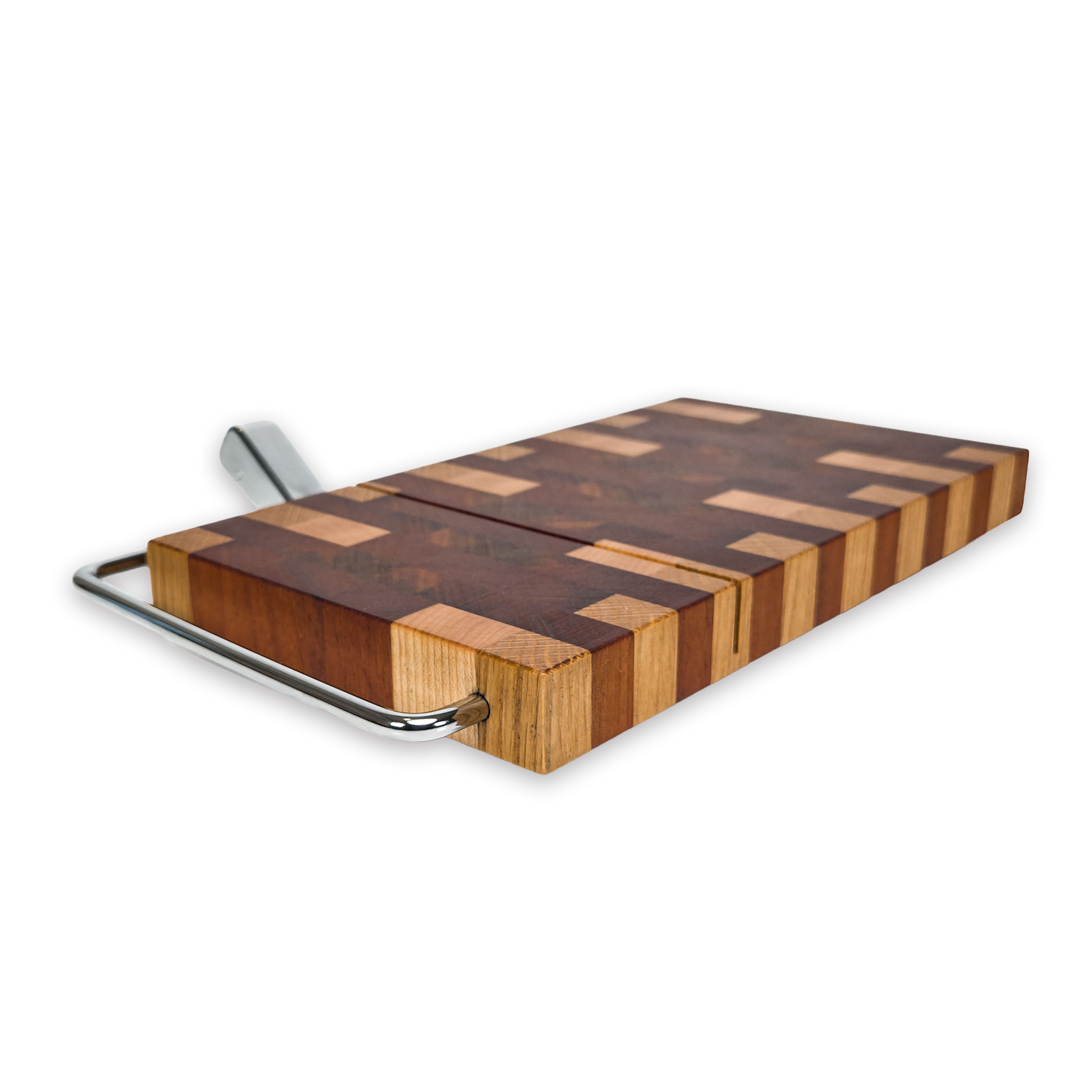 End grain oak, walnut & cherry mosaic cheese slicer board with wire cutter, oiled hardwood