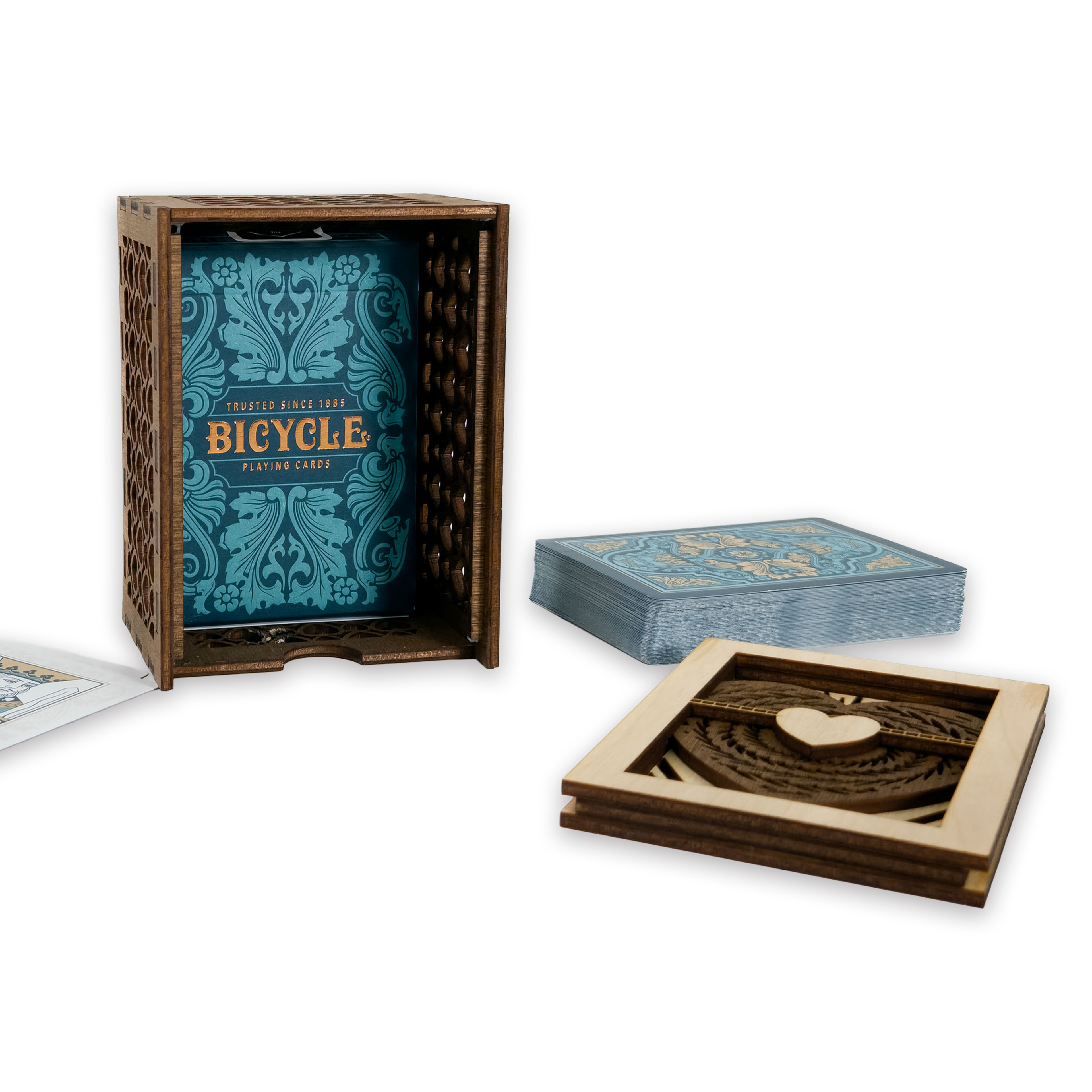 Laser-cut ace of hearts poker card box, walnut & maple birch plywood