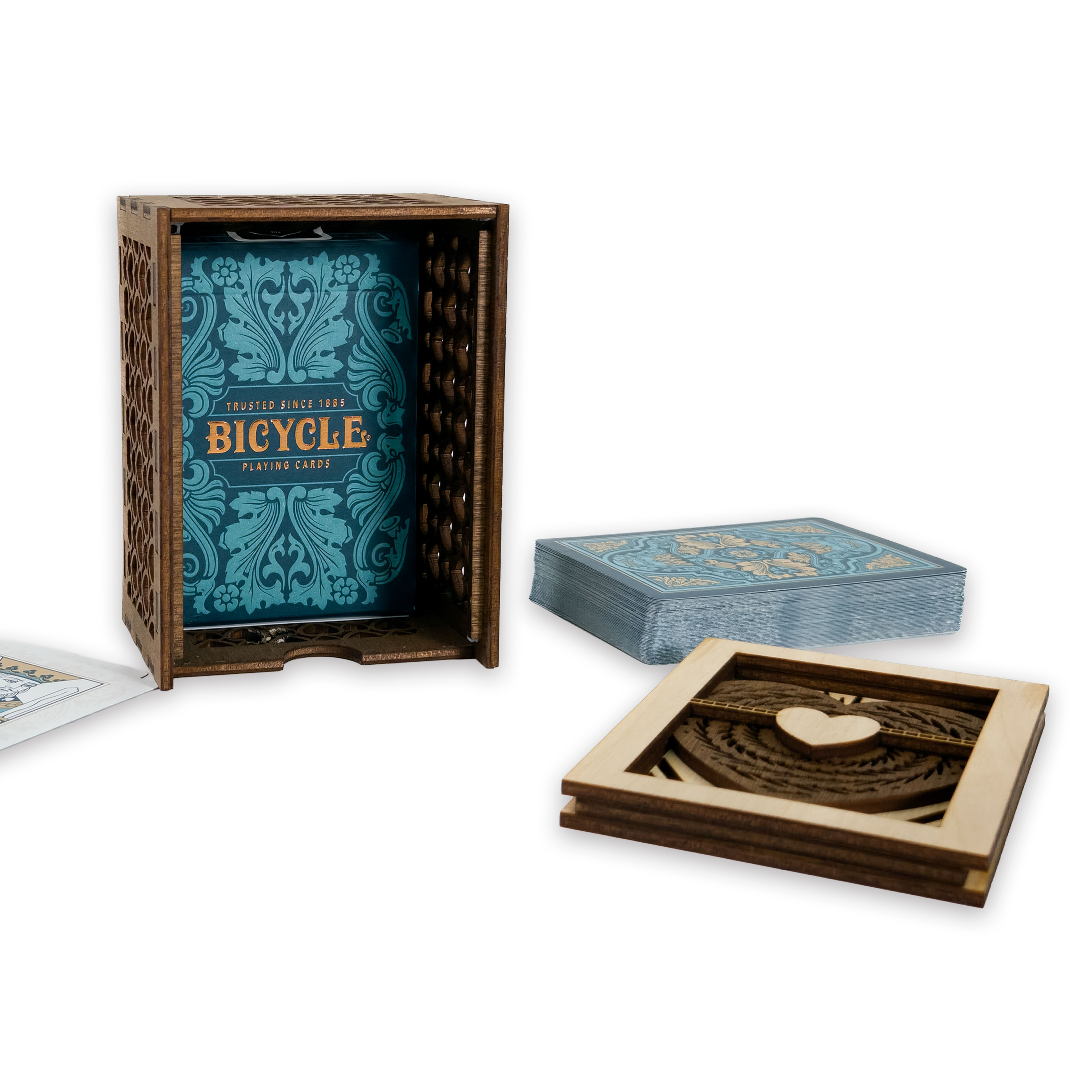 Laser-cut ace of hearts poker card box, walnut & maple birch plywood