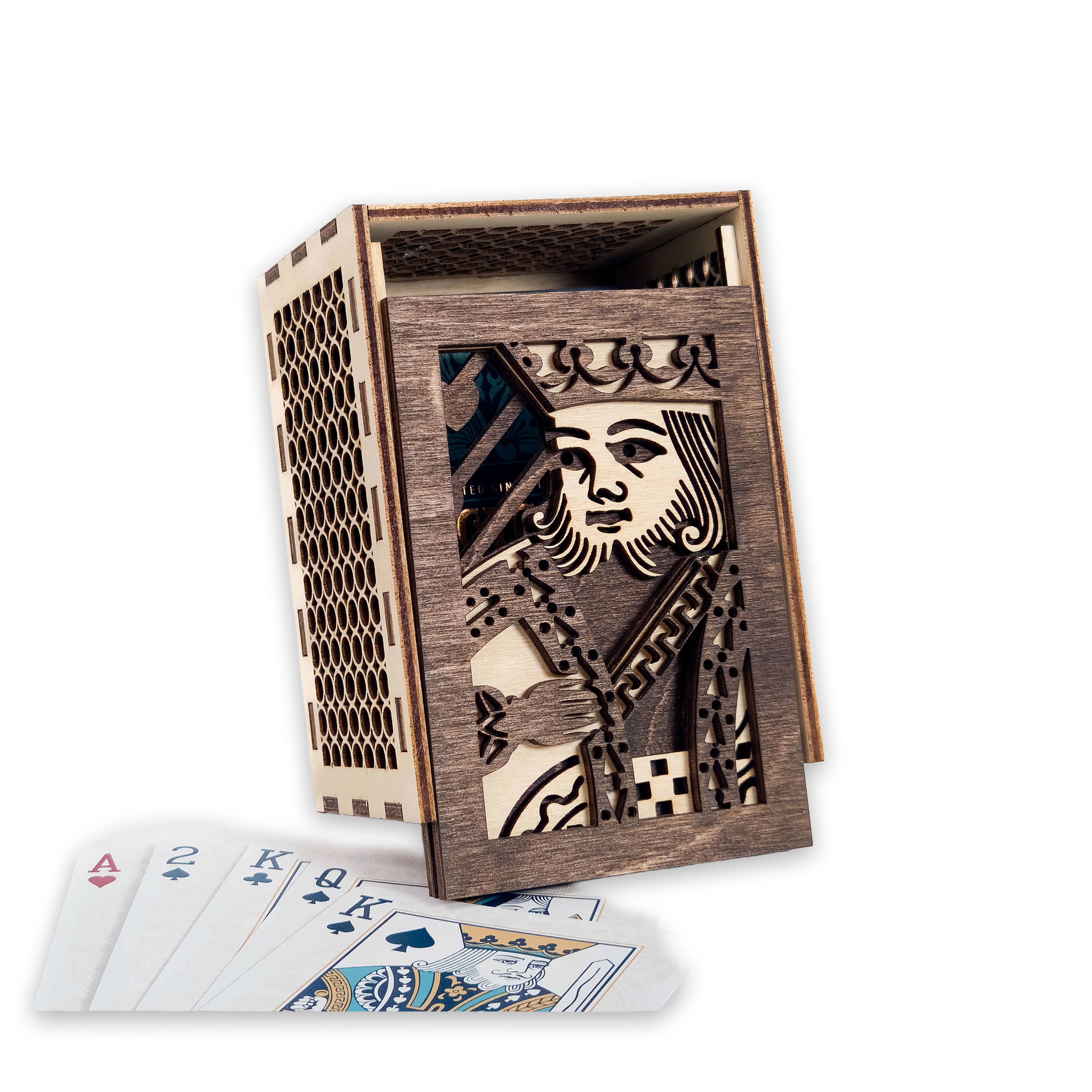 Laser-cut king of hearts poker card box, walnut & maple birch plywood