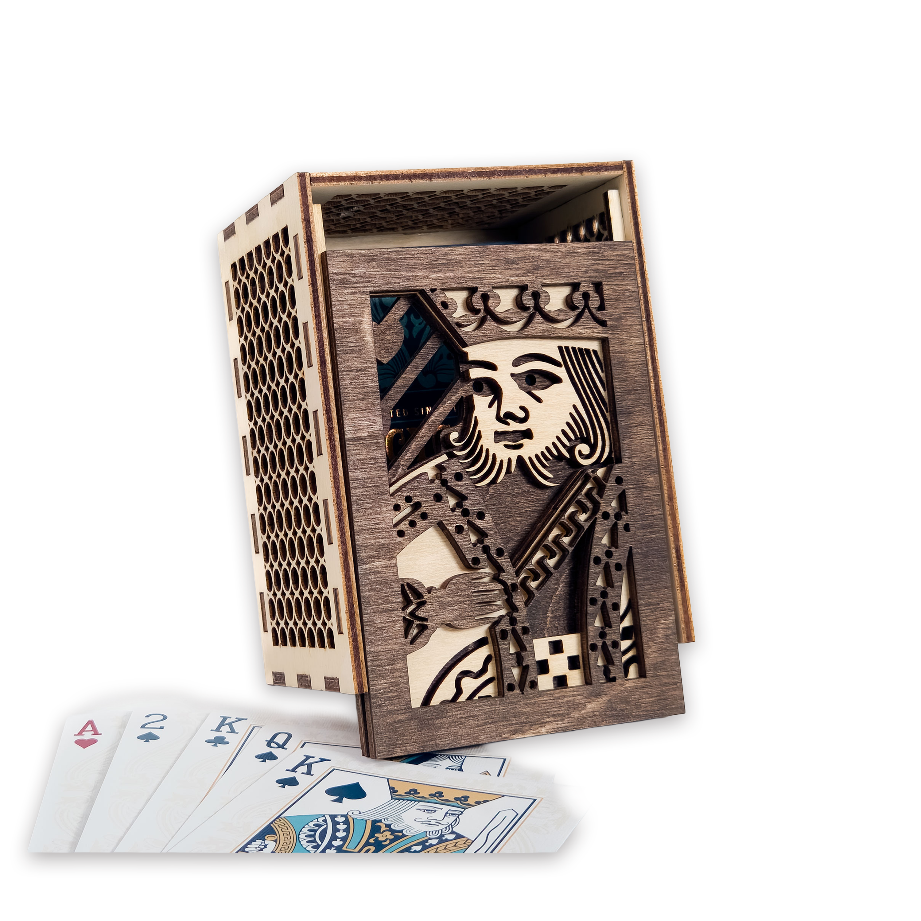 Laser-cut king of hearts poker card box, walnut & maple birch plywood