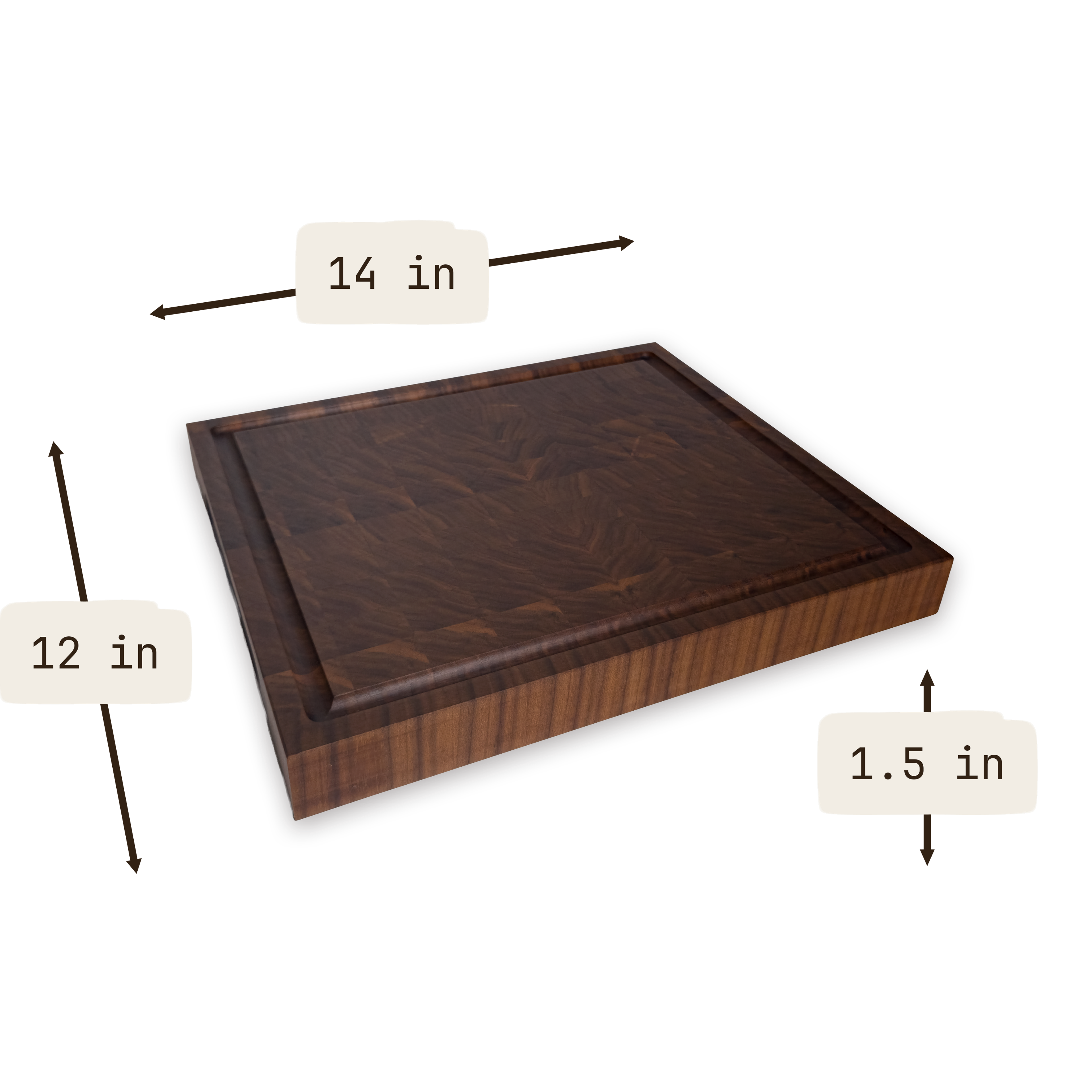 Walnut end grain butcher block cutting board with juice groove — 14 × 12 in