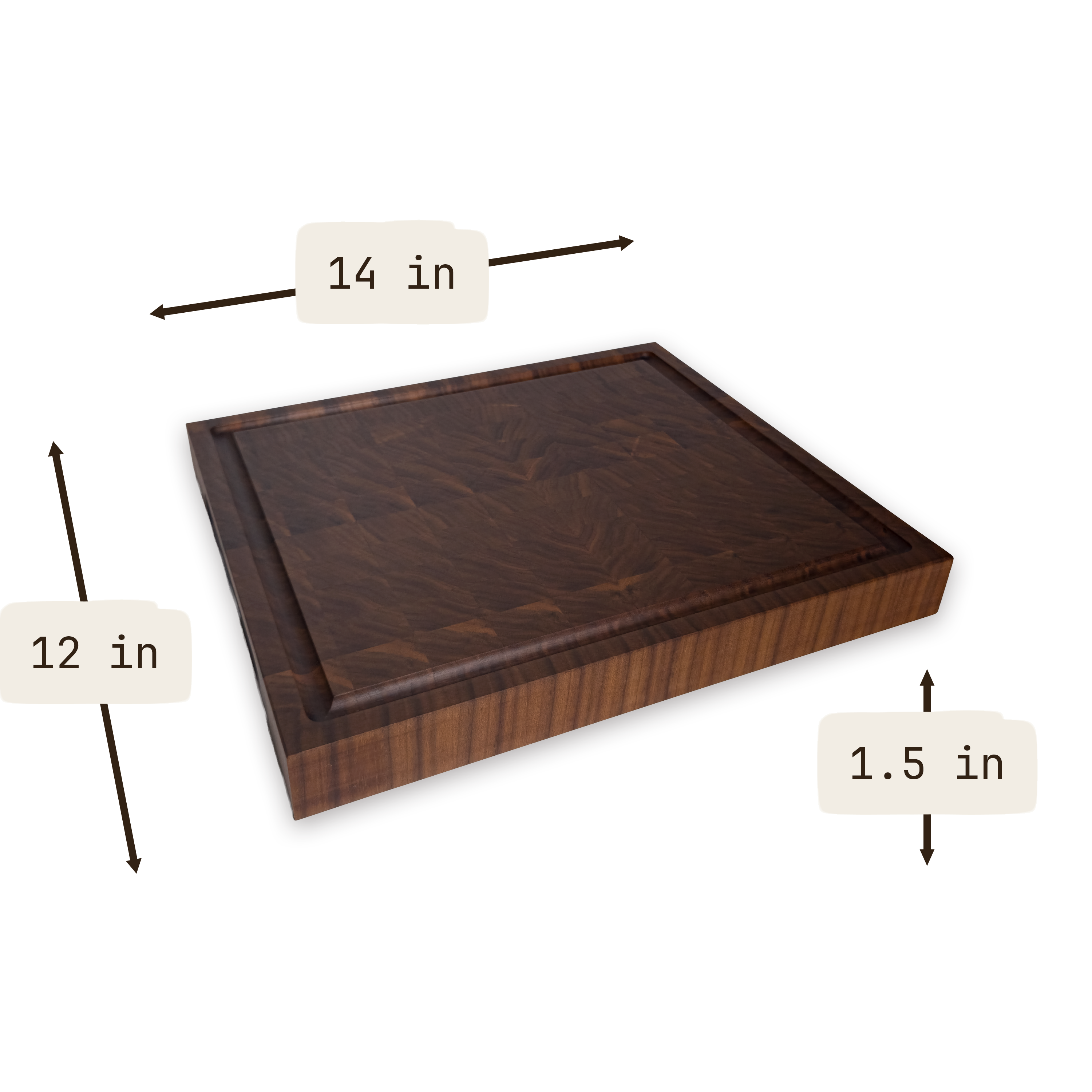 Walnut end grain butcher block cutting board with juice groove — 14 × 12 in