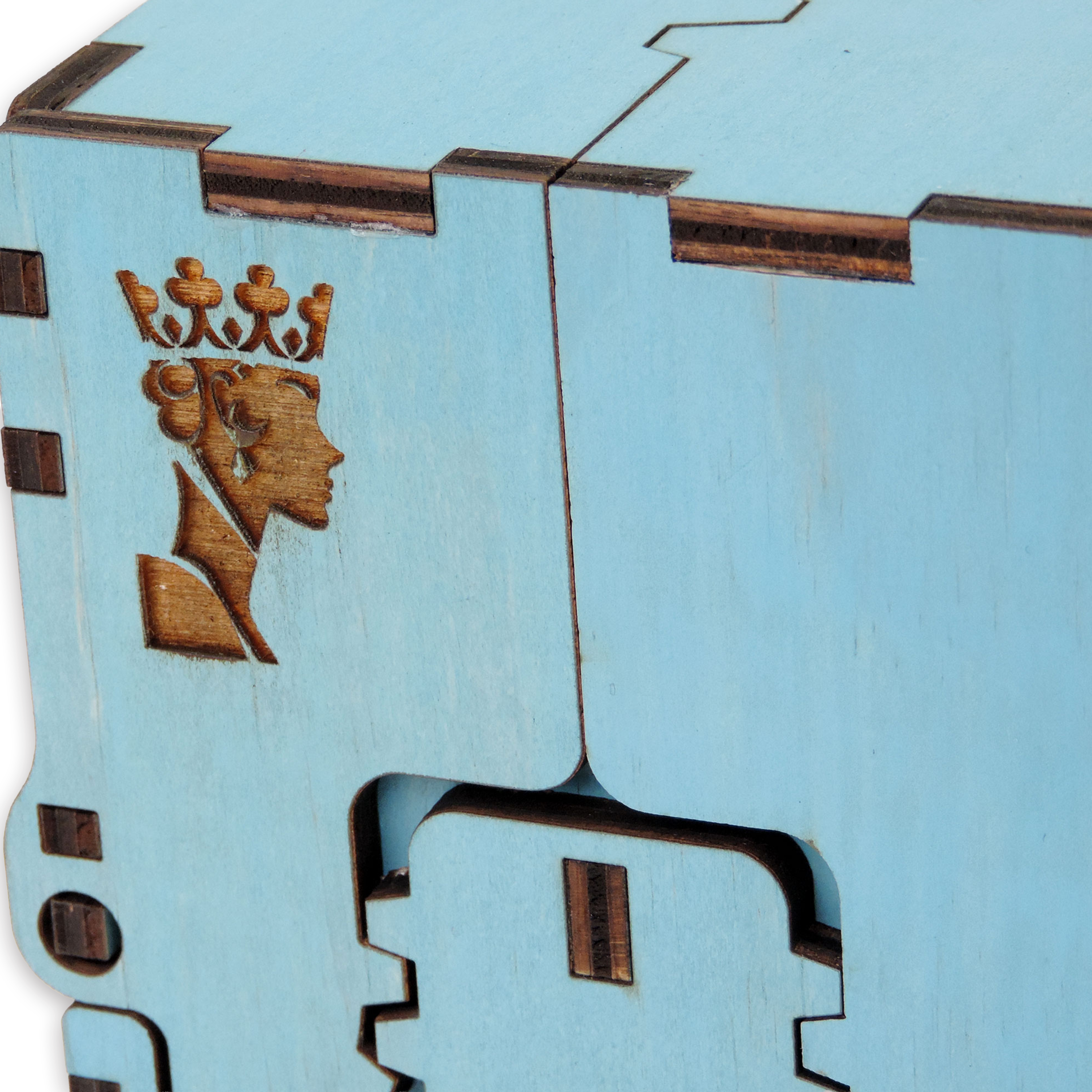 Laser-cut queen box, turquoise-painted birch plywood