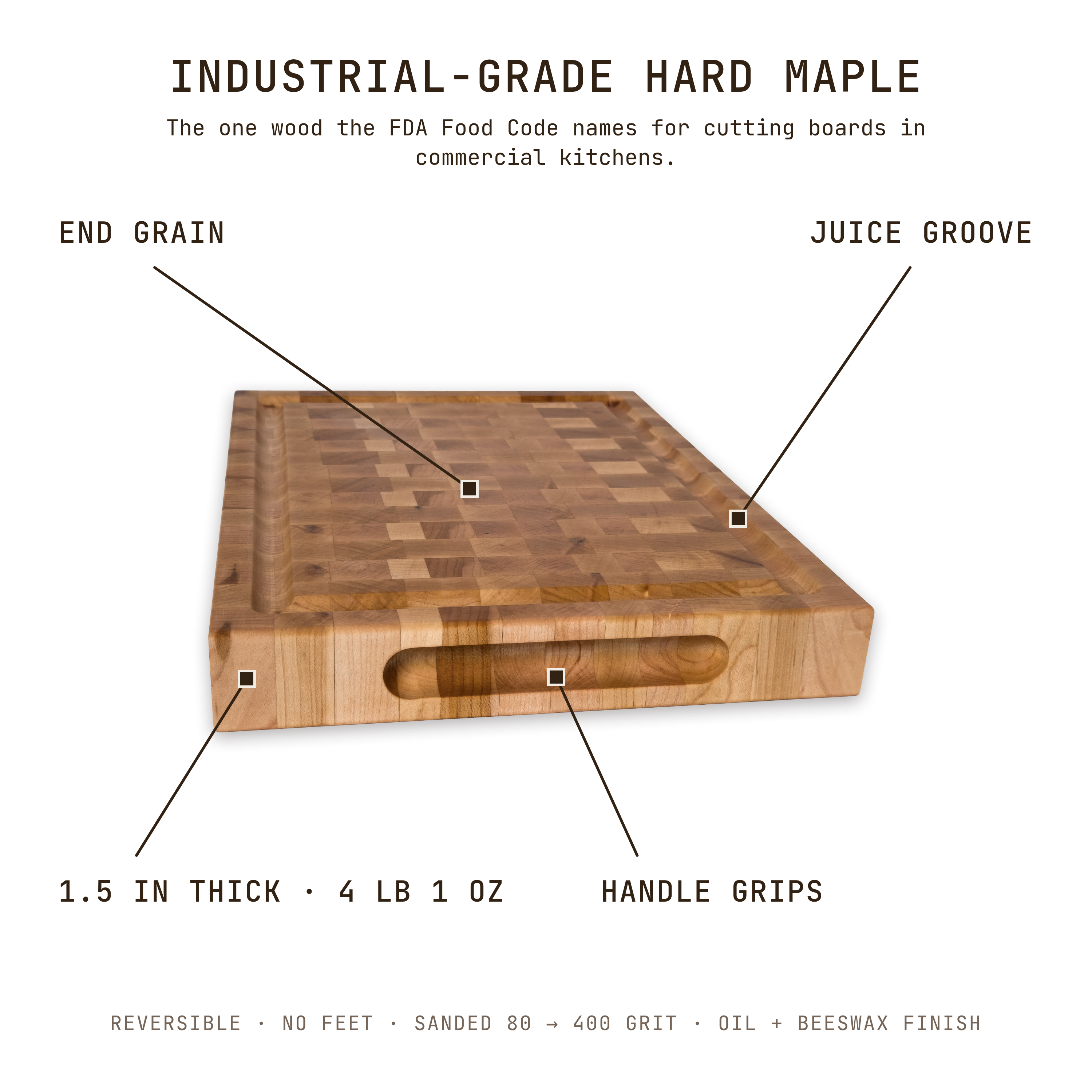 Maple end grain butcher block cutting board with juice groove — 12 × 9 in, labelled: industrial-grade hard maple, end grain, juice groove, 1.5 in thick, 4 lb 1 oz, handle grips