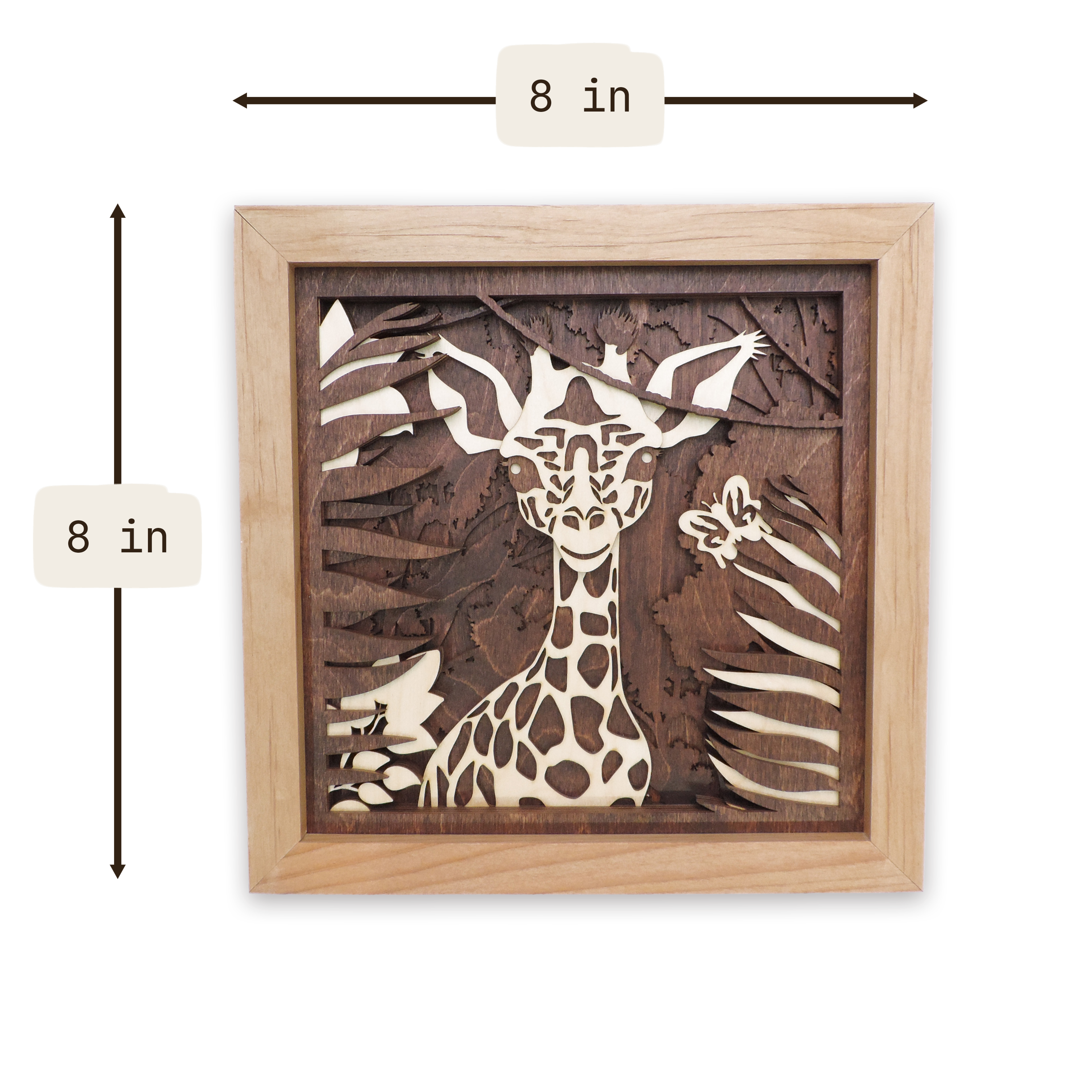 Multilayer 3D laser-cut baby giraffe wall art, Baltic Birch Plywood — small (8 × 8 in)