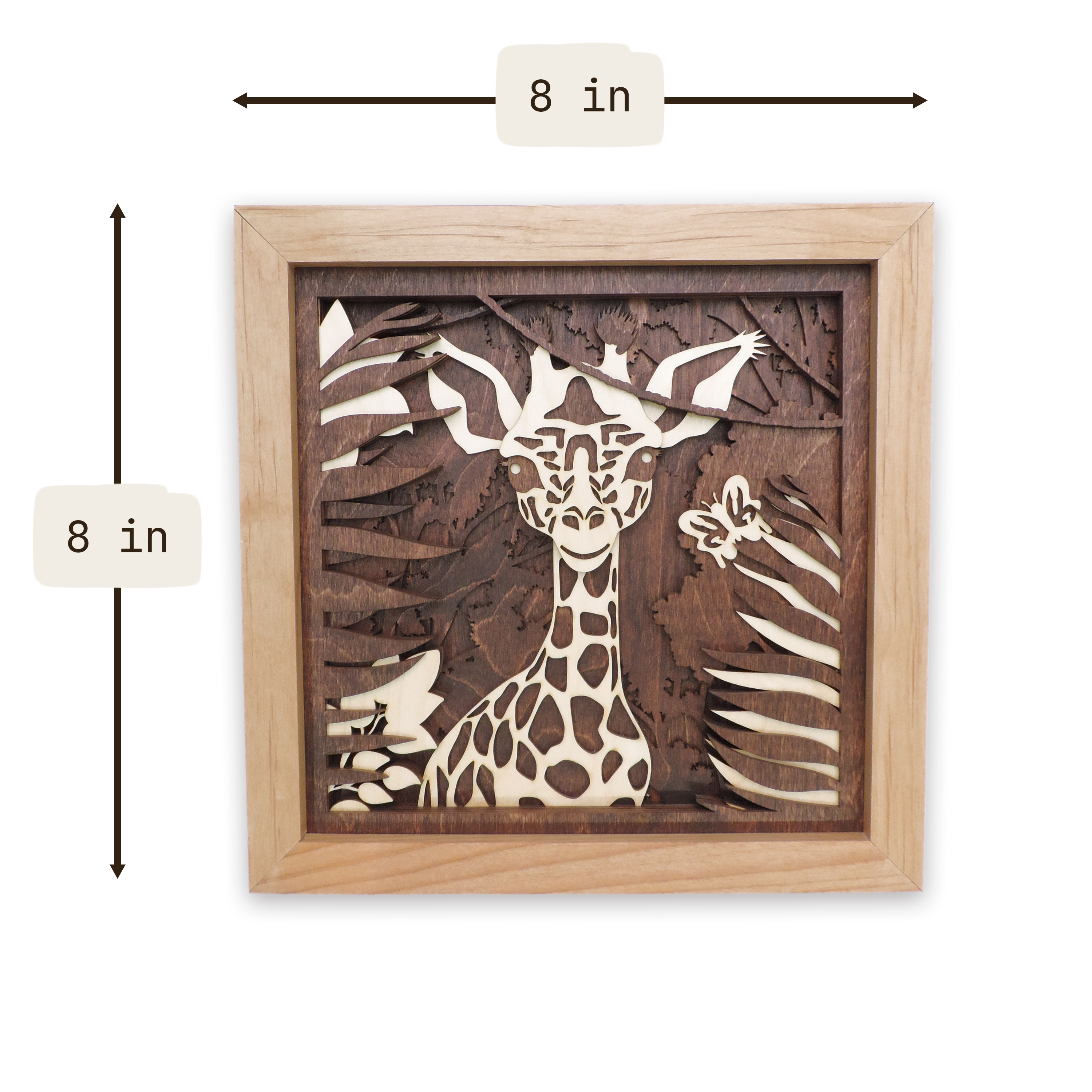 Multilayer 3D laser-cut baby giraffe wall art, Baltic Birch Plywood — small (8 × 8 in)