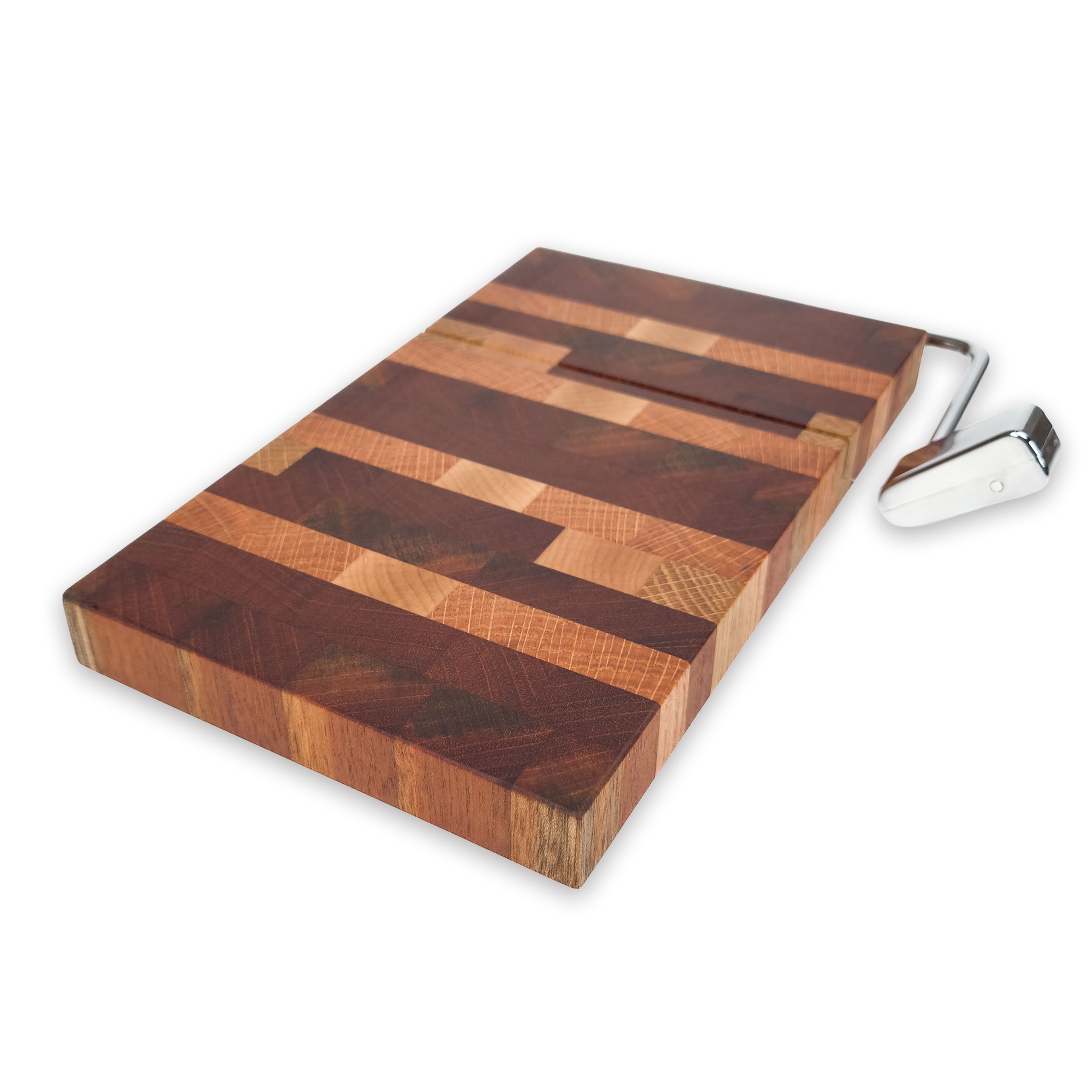 End grain oak, cherry & walnut cheese slicer board with wire cutter, oiled hardwood