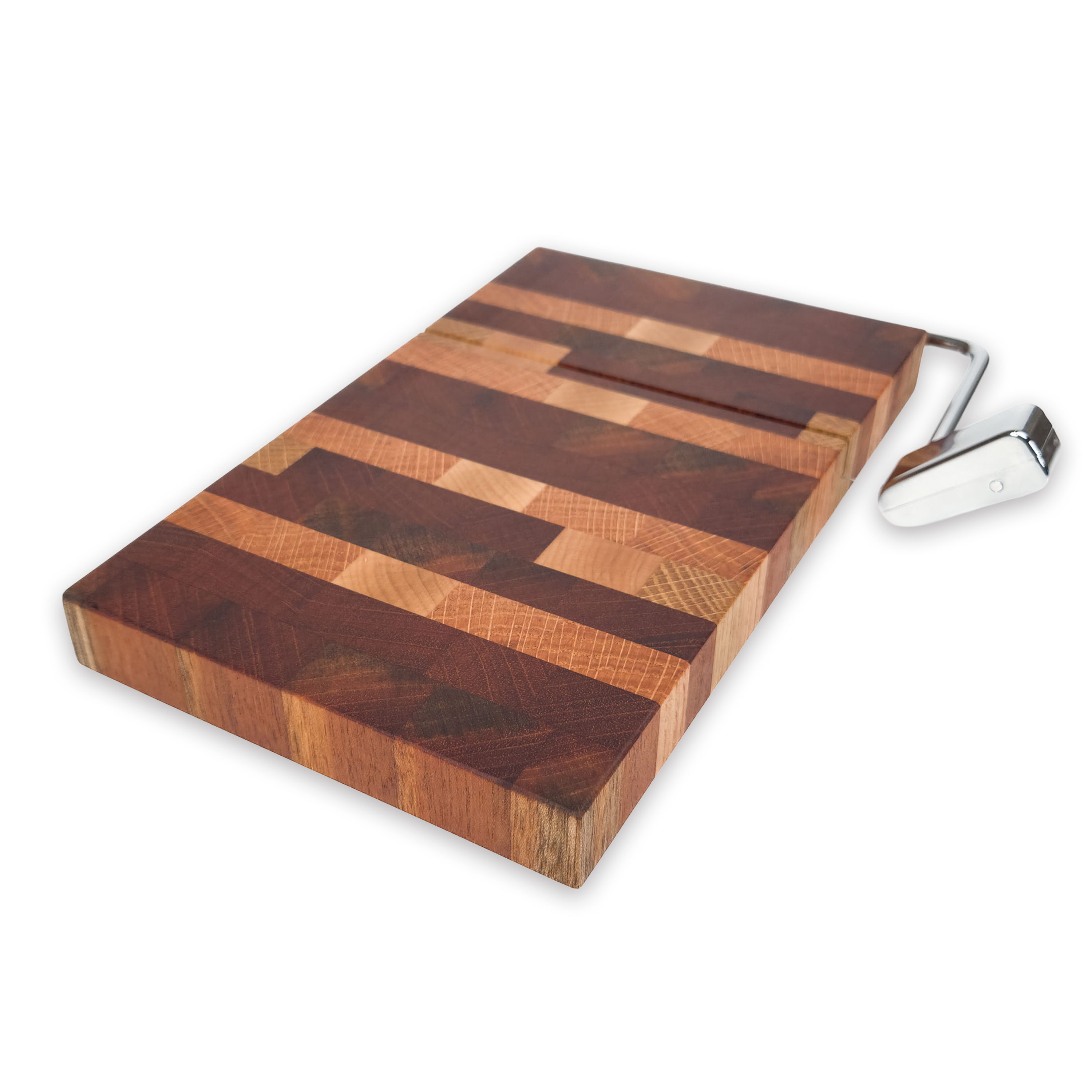 End grain oak, cherry & walnut cheese slicer board with wire cutter, oiled hardwood