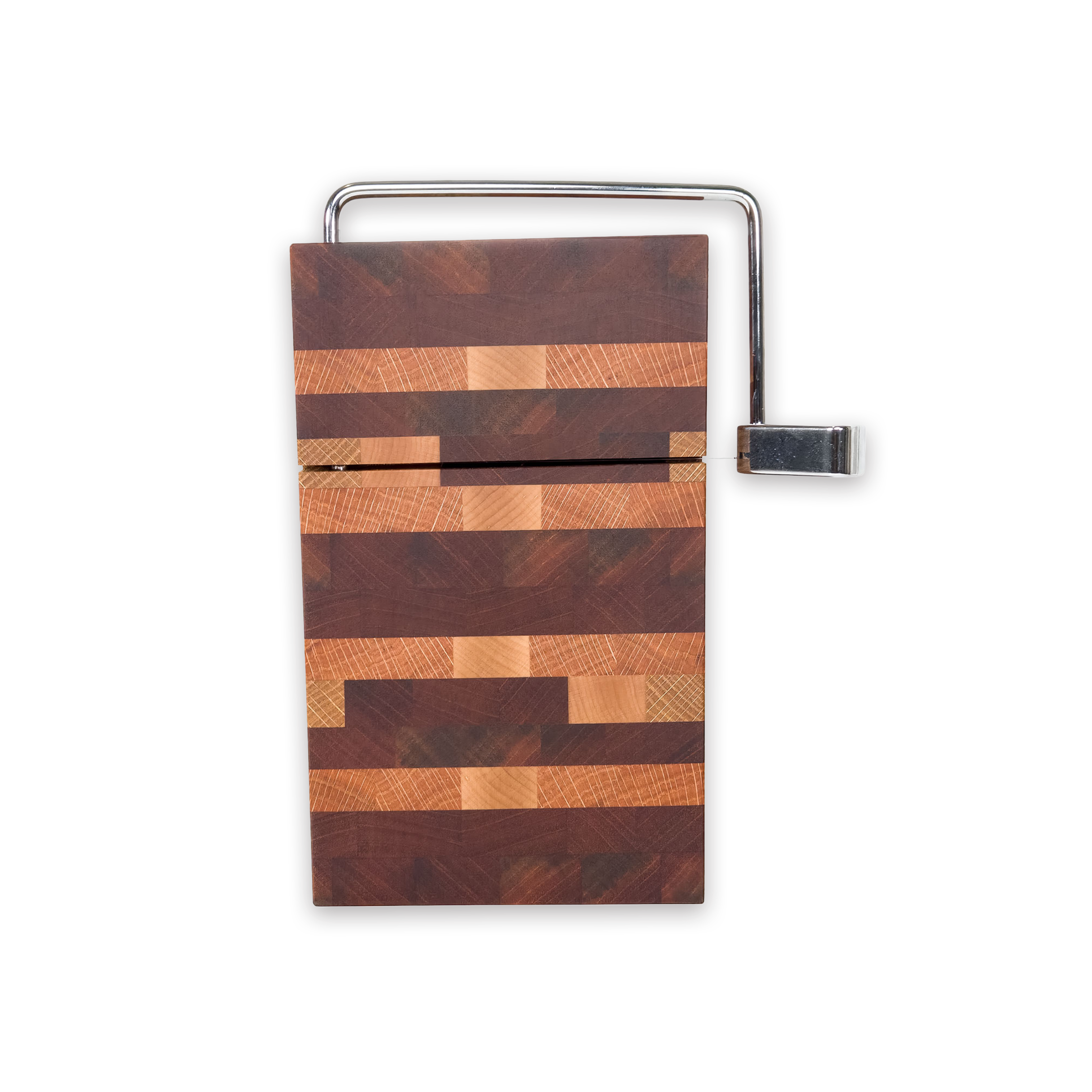 End grain oak, cherry & walnut cheese slicer board with wire cutter, oiled hardwood