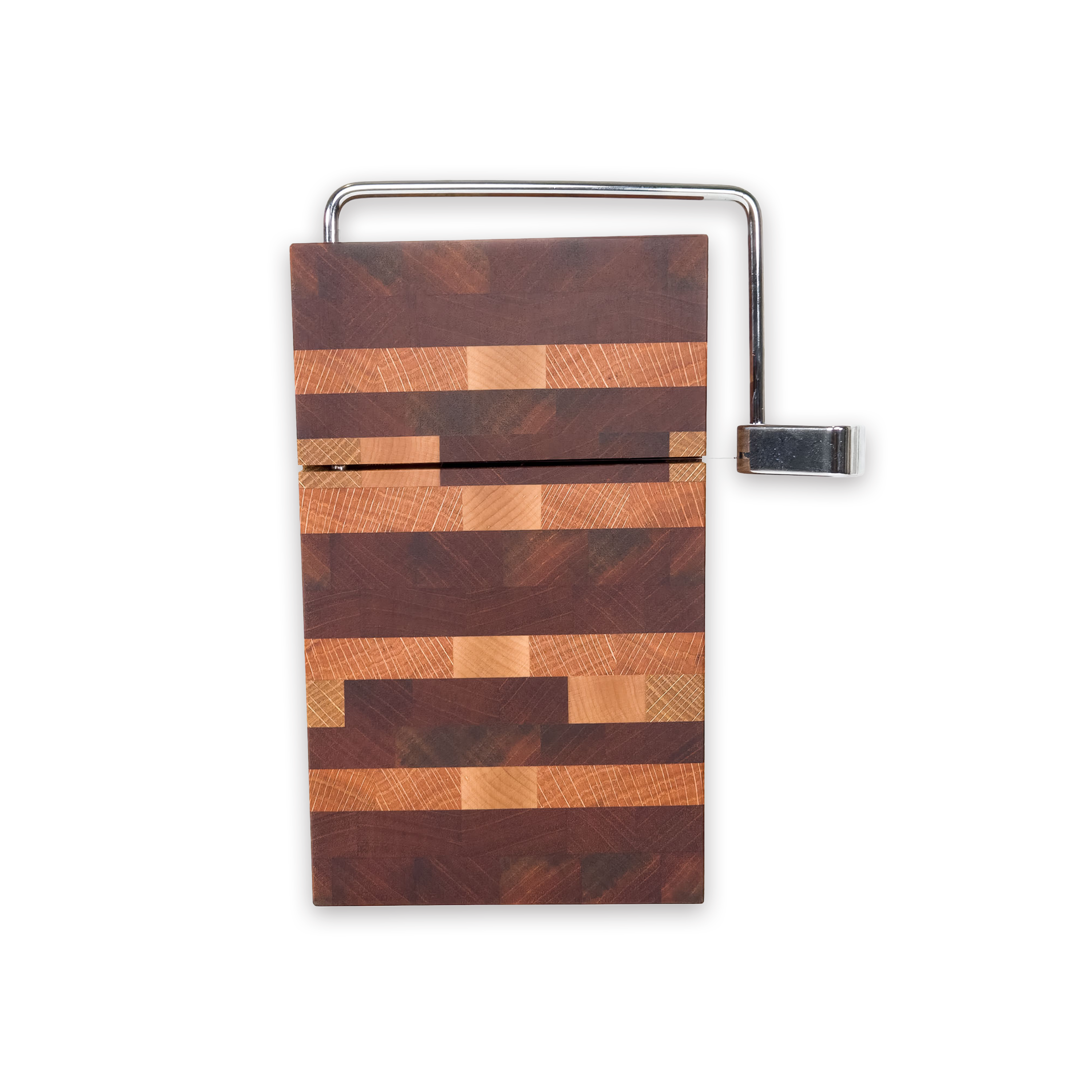 End grain oak, cherry & walnut cheese slicer board with wire cutter, oiled hardwood