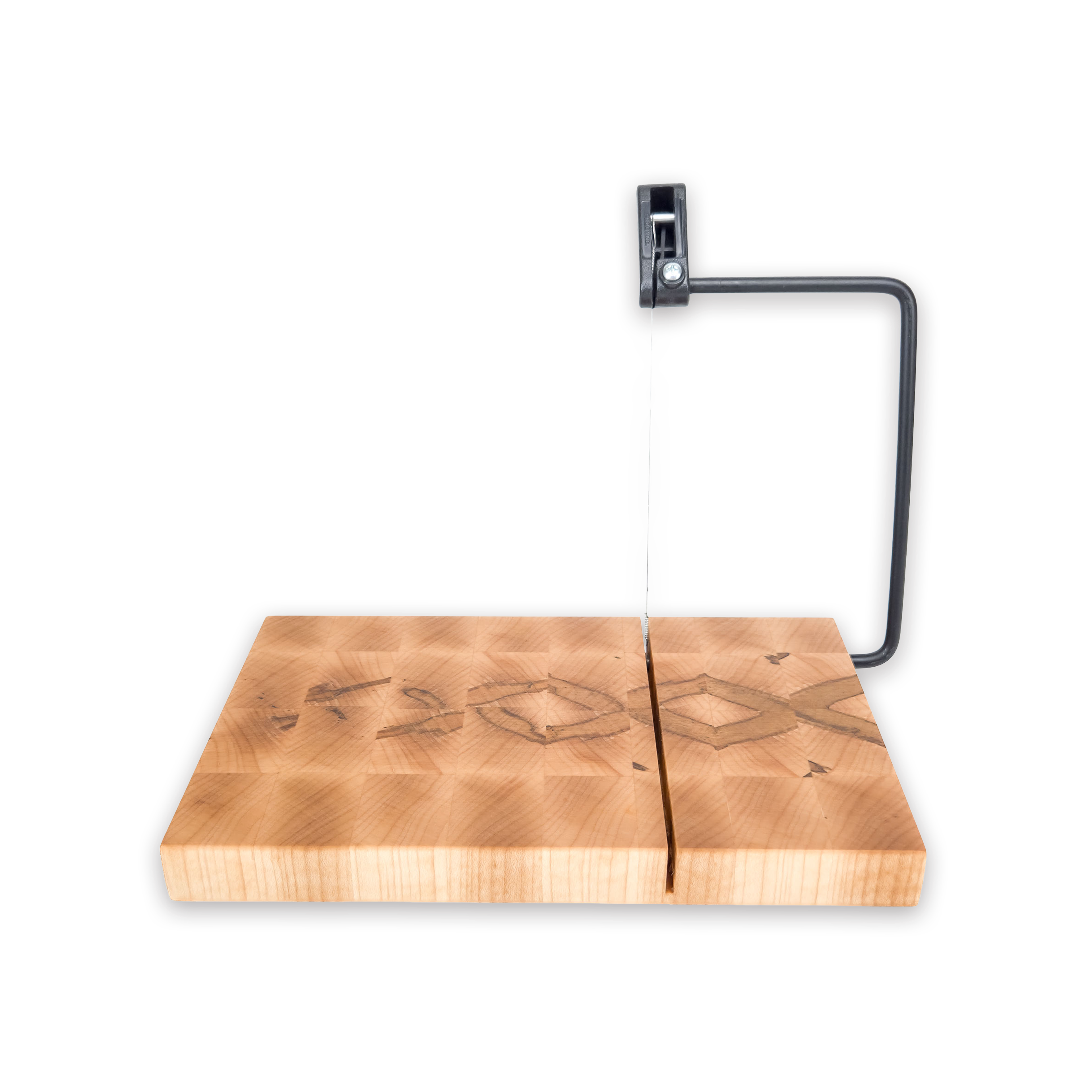 End grain spalted maple cheese slicer board with wire cutter, oiled hardwood