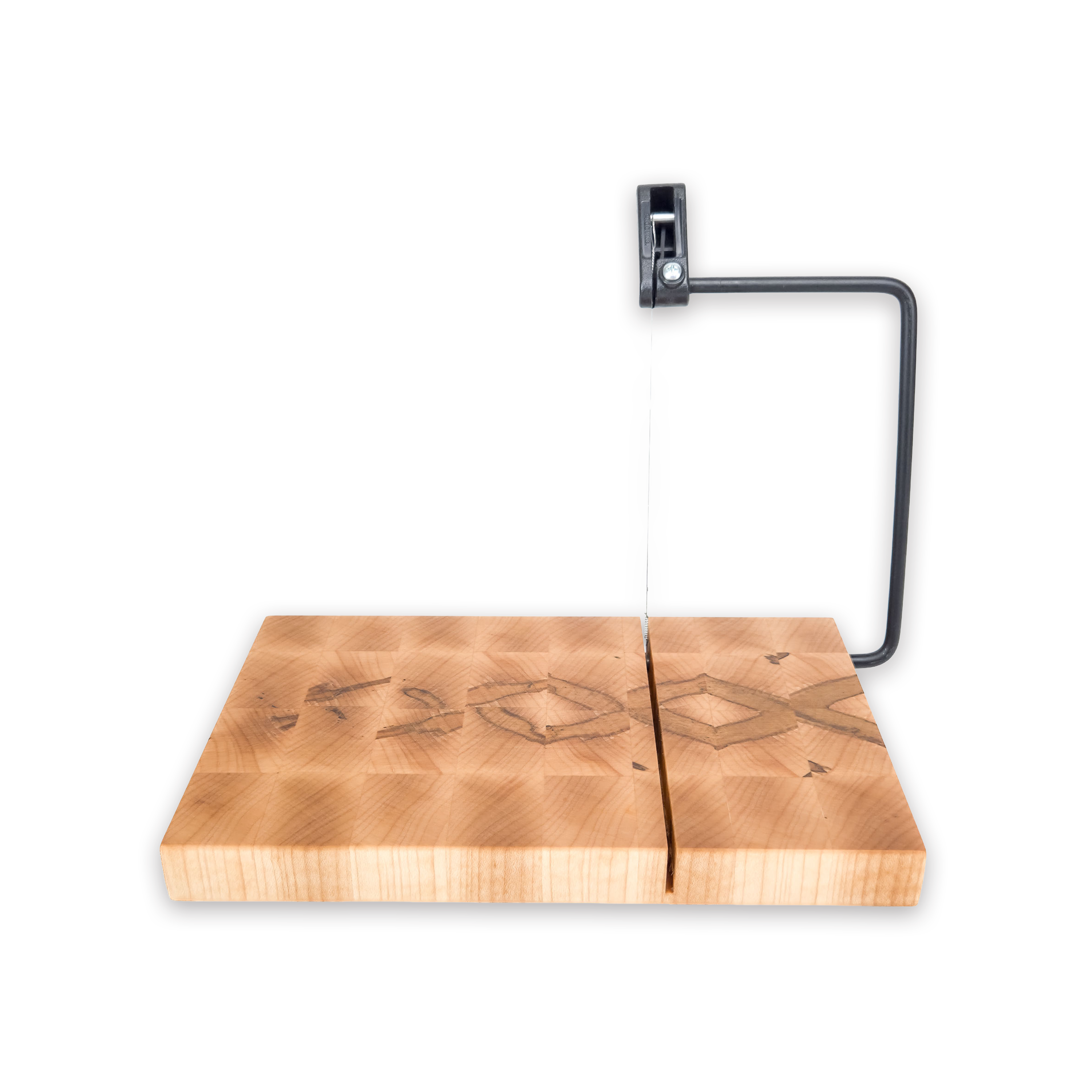 End grain spalted maple cheese slicer board with wire cutter, oiled hardwood