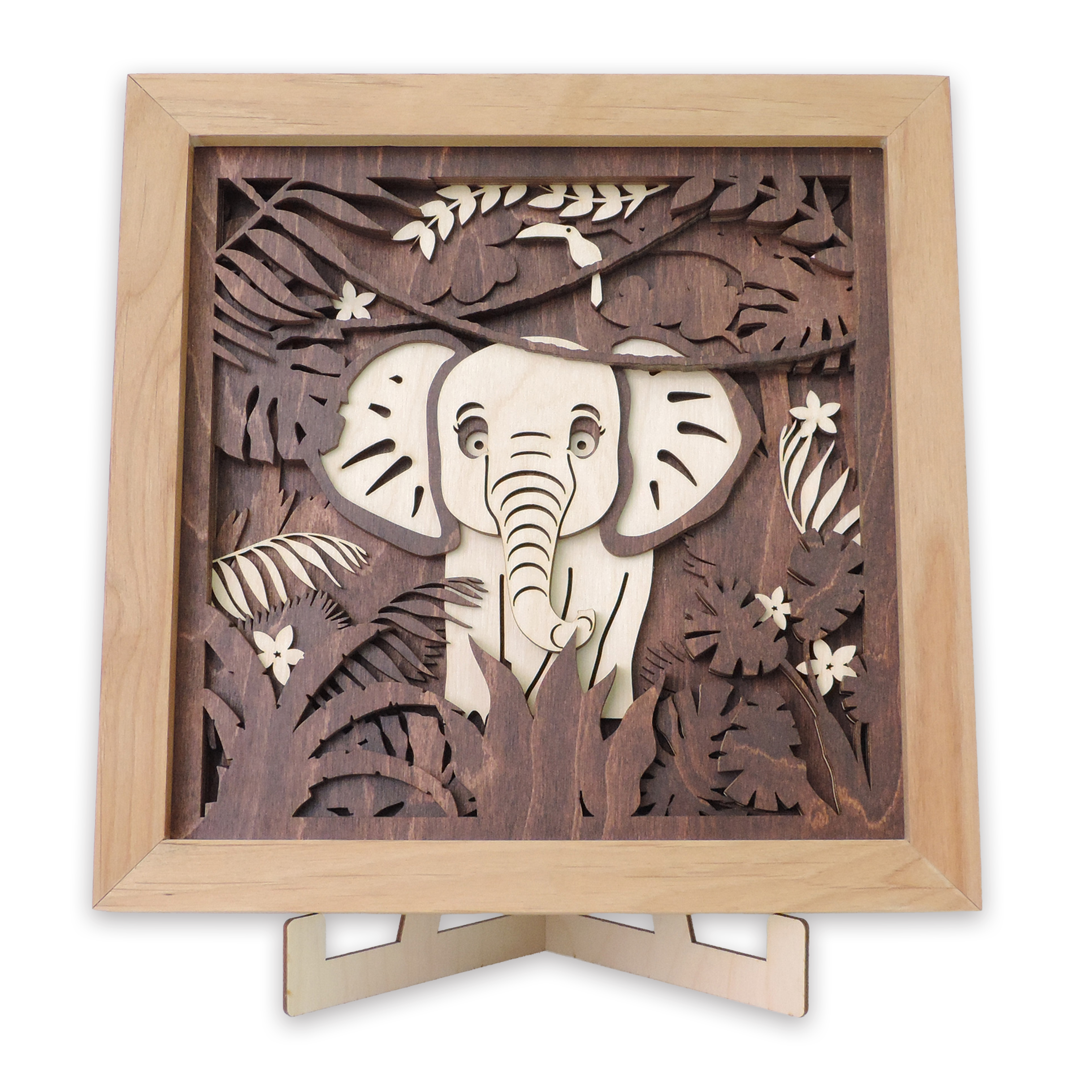 Multilayer 3D laser-cut baby elephant wall art, Baltic Birch Plywood