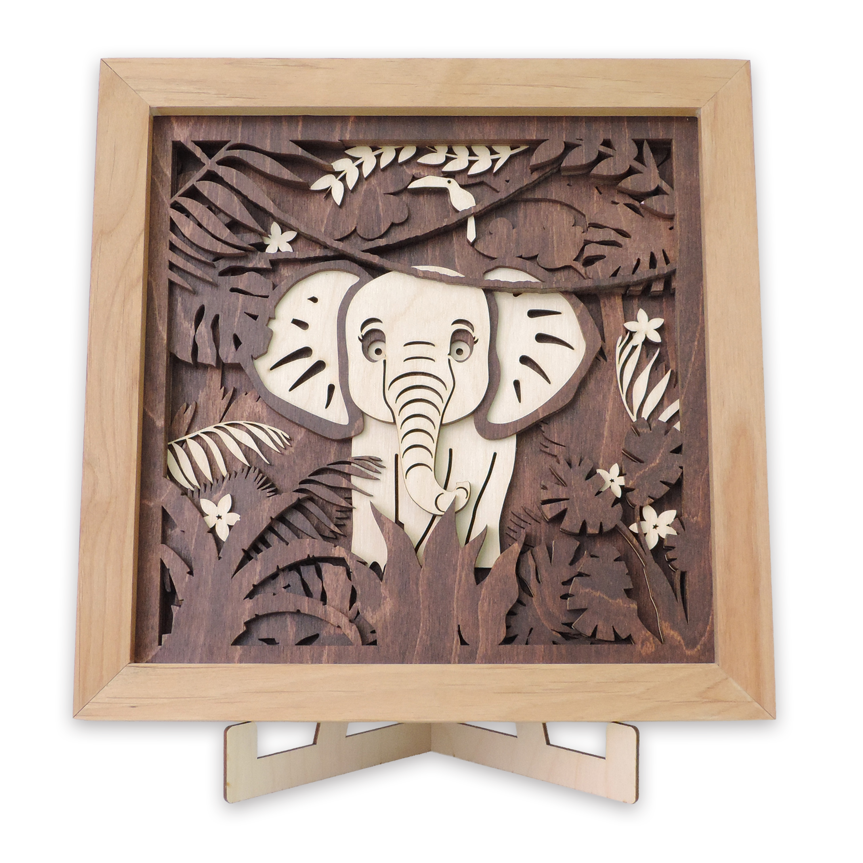Multilayer 3D laser-cut baby elephant wall art, Baltic Birch Plywood