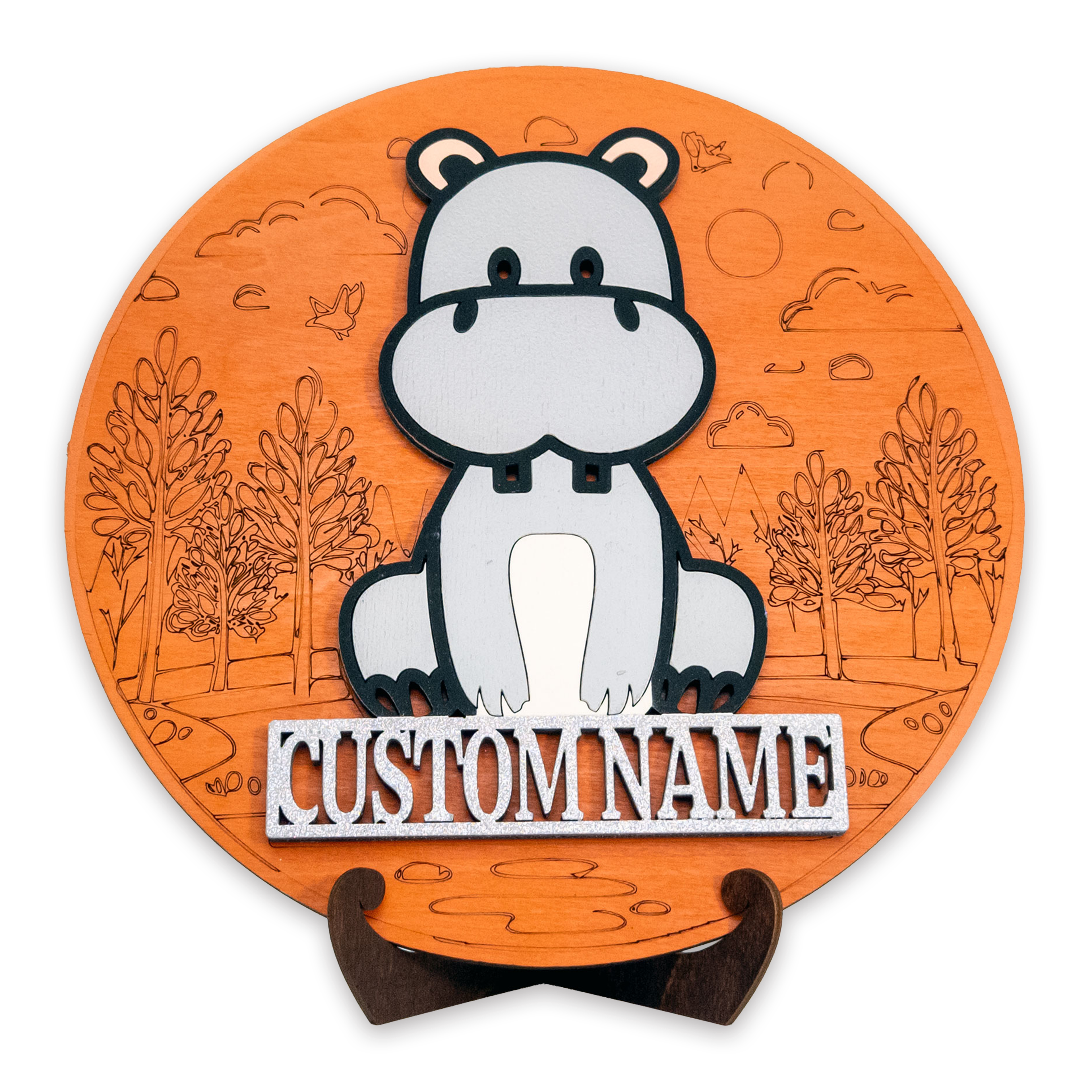 Multilayer 3D laser-cut hippo name sign wall art, Baltic Birch Plywood