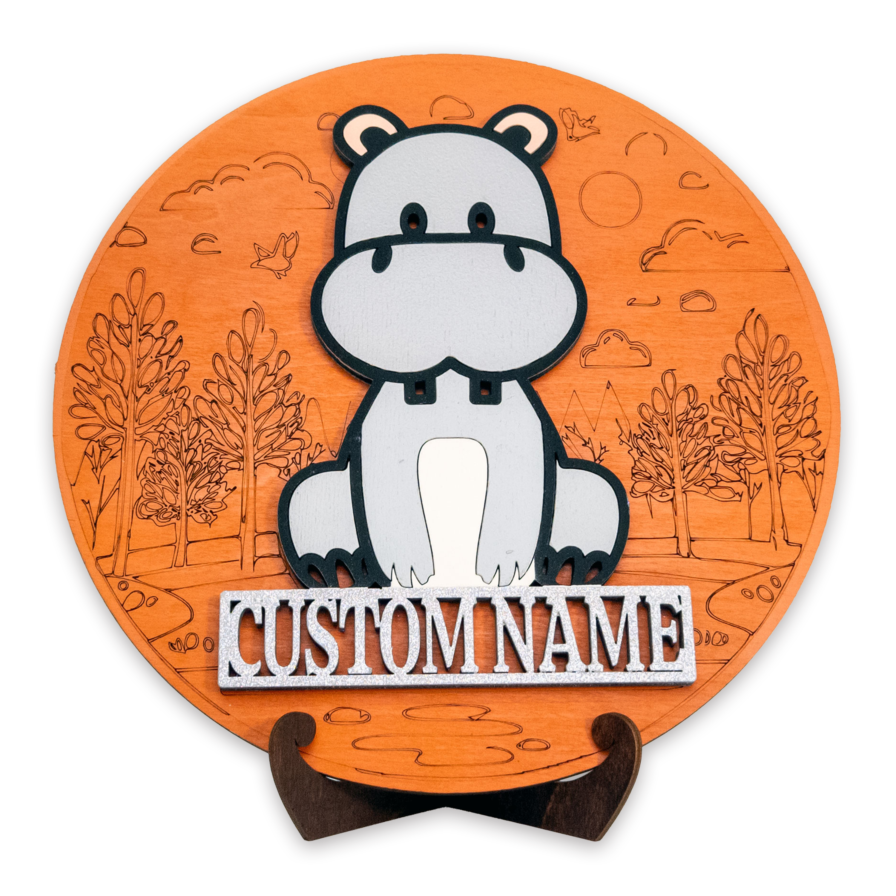Multilayer 3D laser-cut hippo name sign wall art, Baltic Birch Plywood