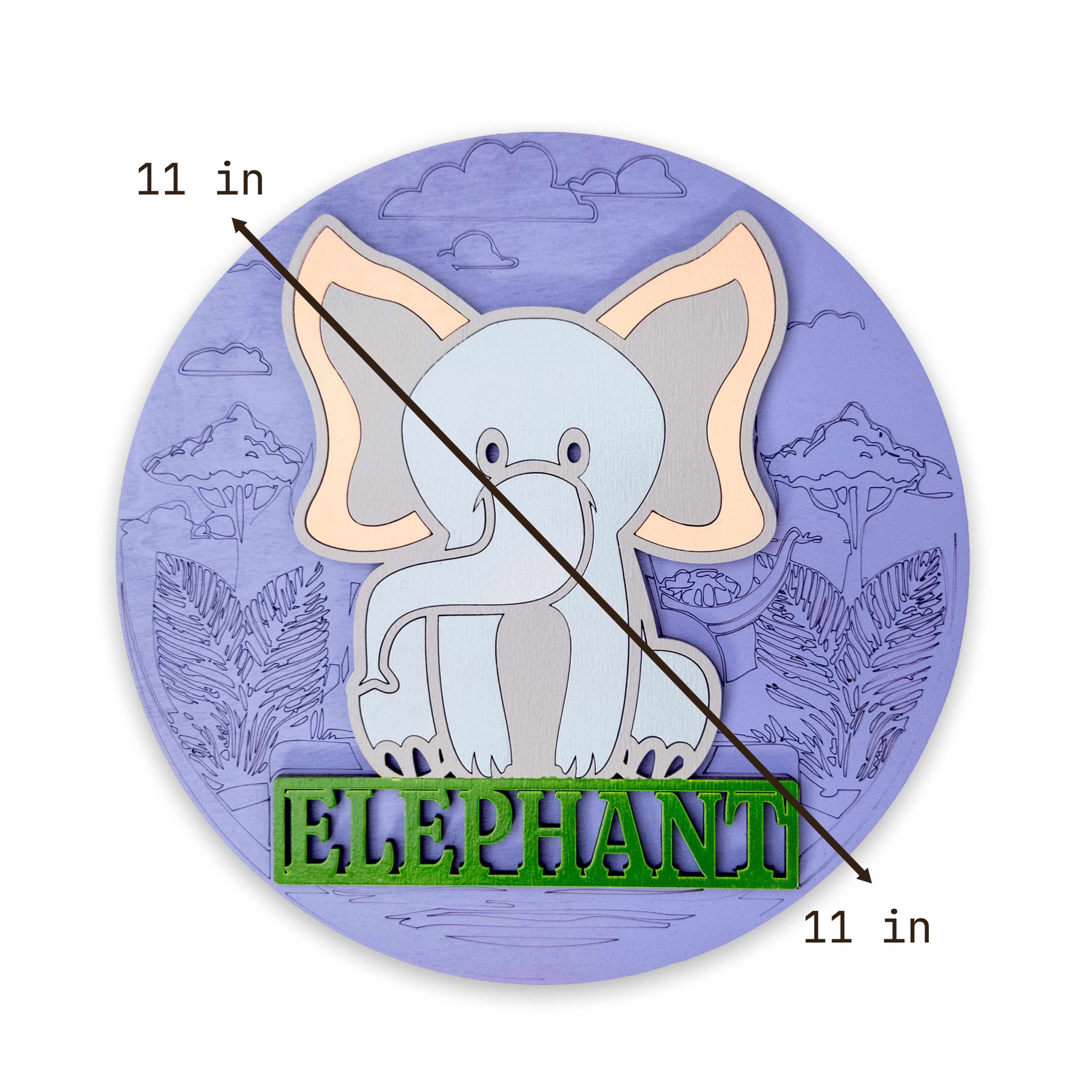 Multilayer 3D laser-cut elephant name sign wall art, Baltic Birch Plywood