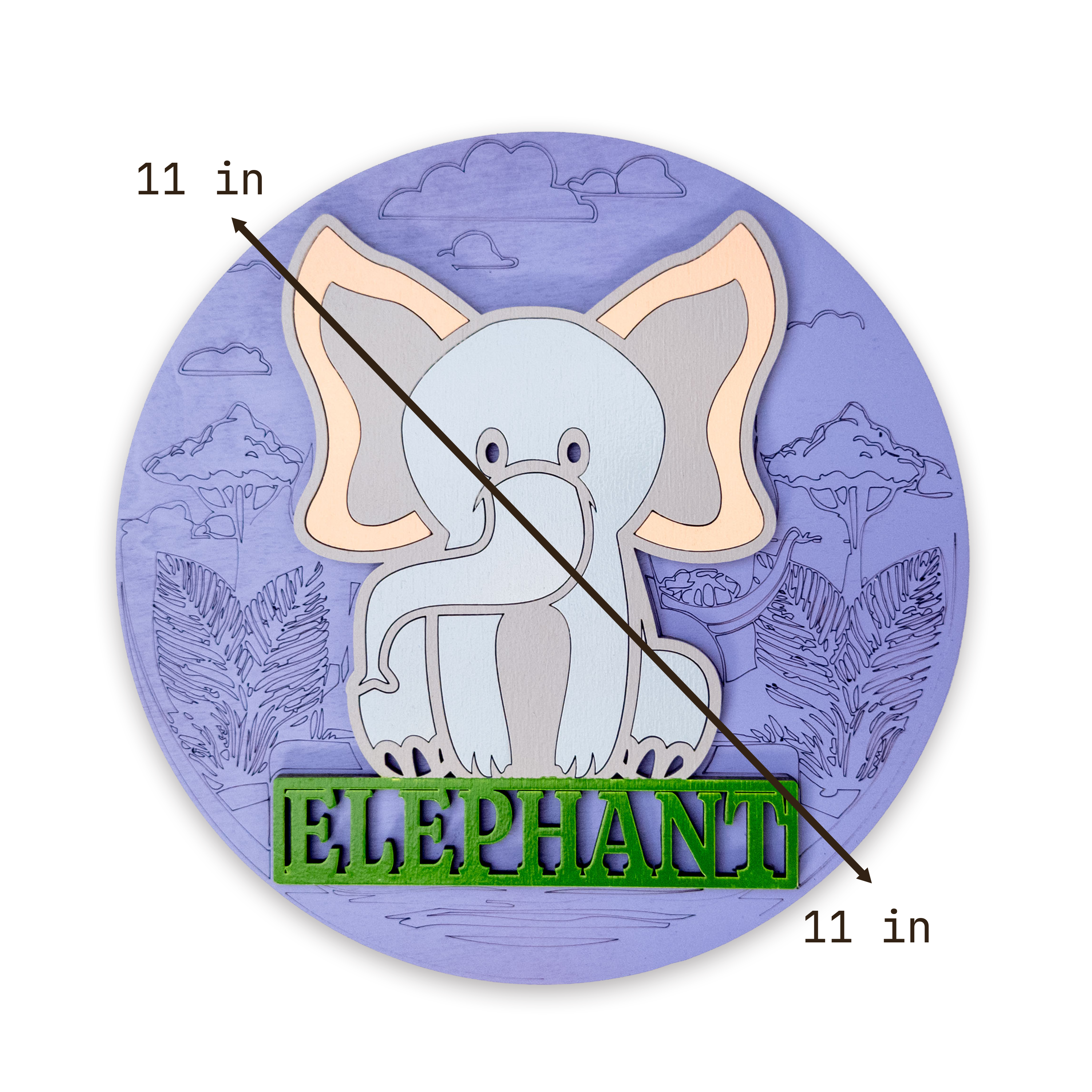 Multilayer 3D laser-cut elephant name sign wall art, Baltic Birch Plywood