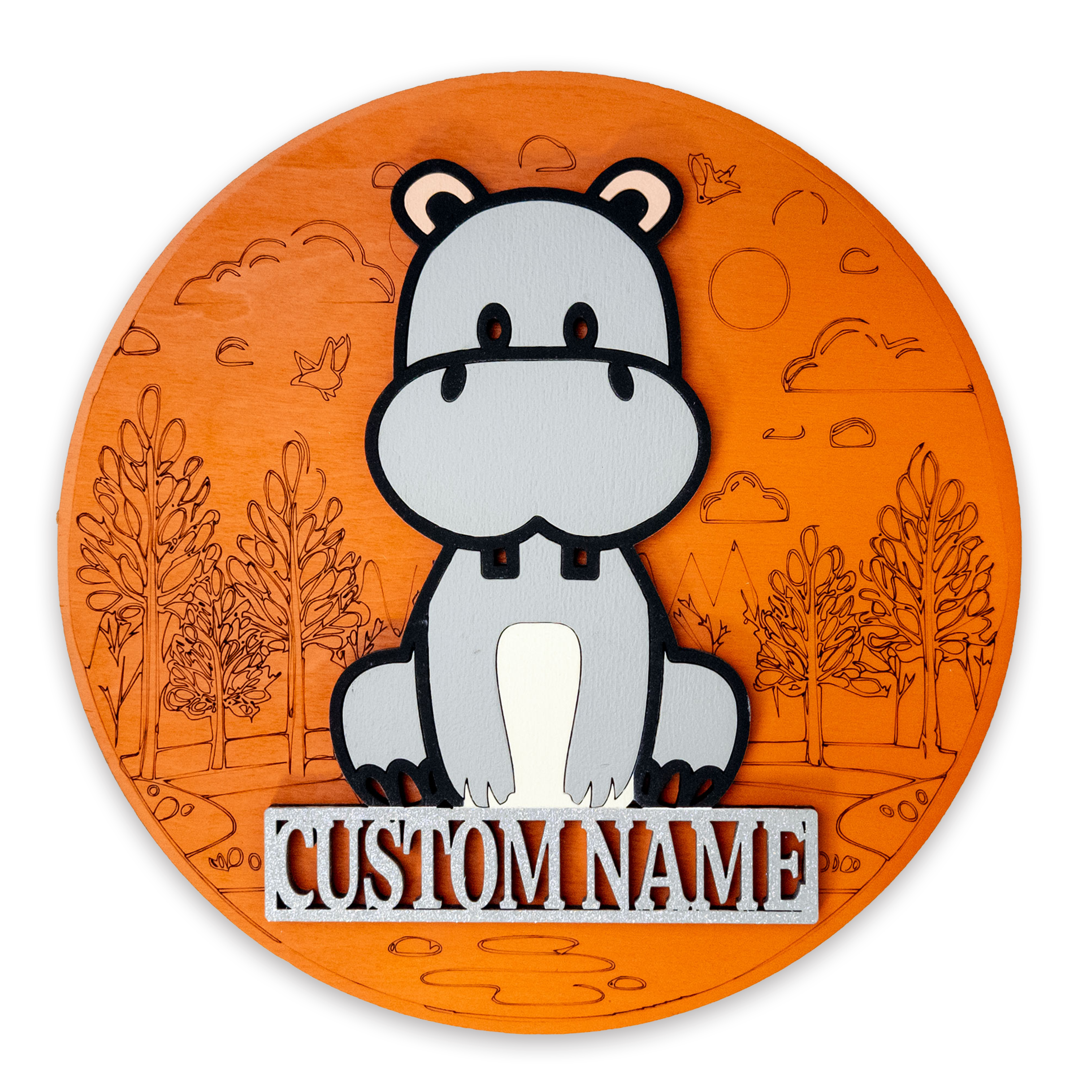 Multilayer 3D laser-cut hippo name sign wall art, Baltic Birch Plywood