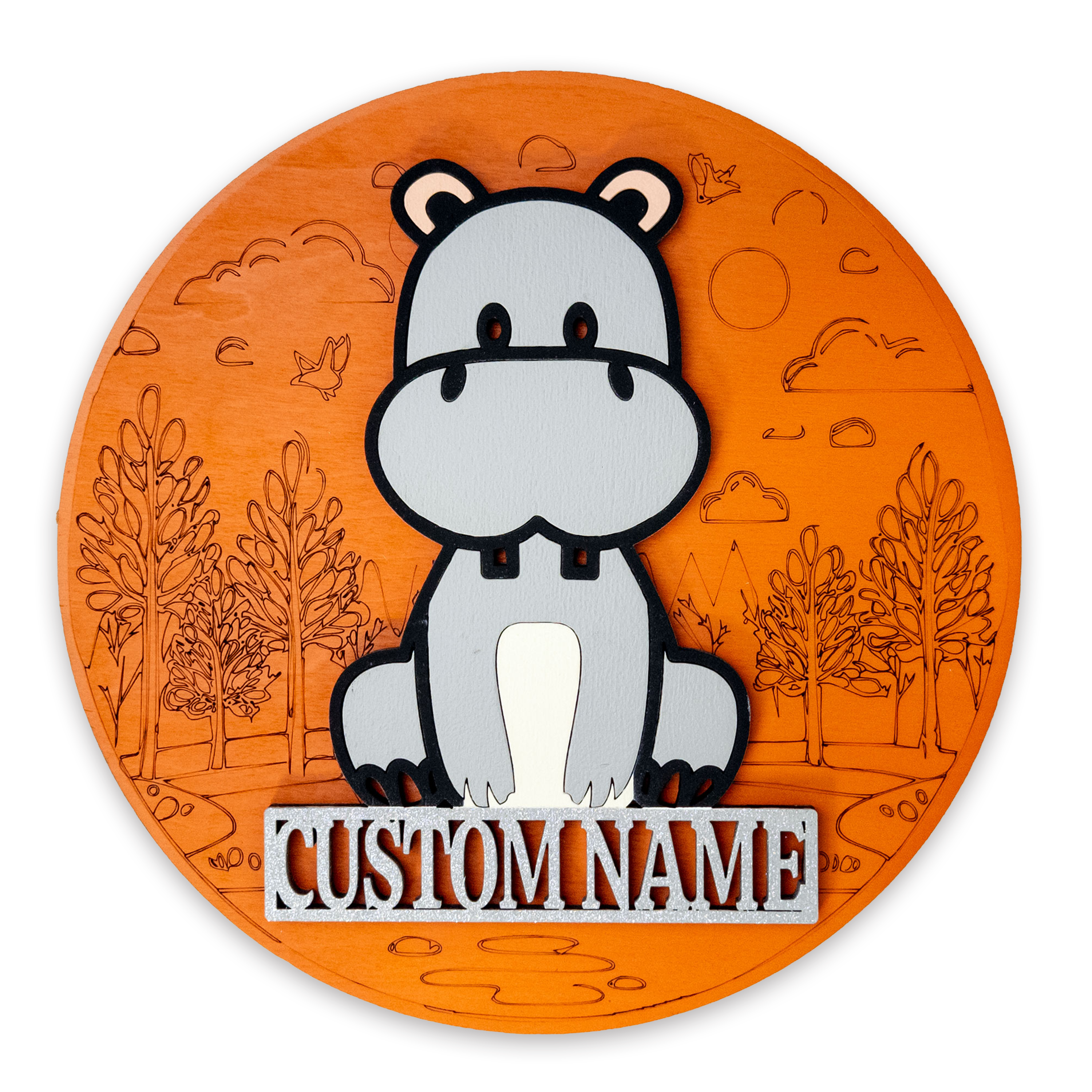 Multilayer 3D laser-cut hippo name sign wall art, Baltic Birch Plywood