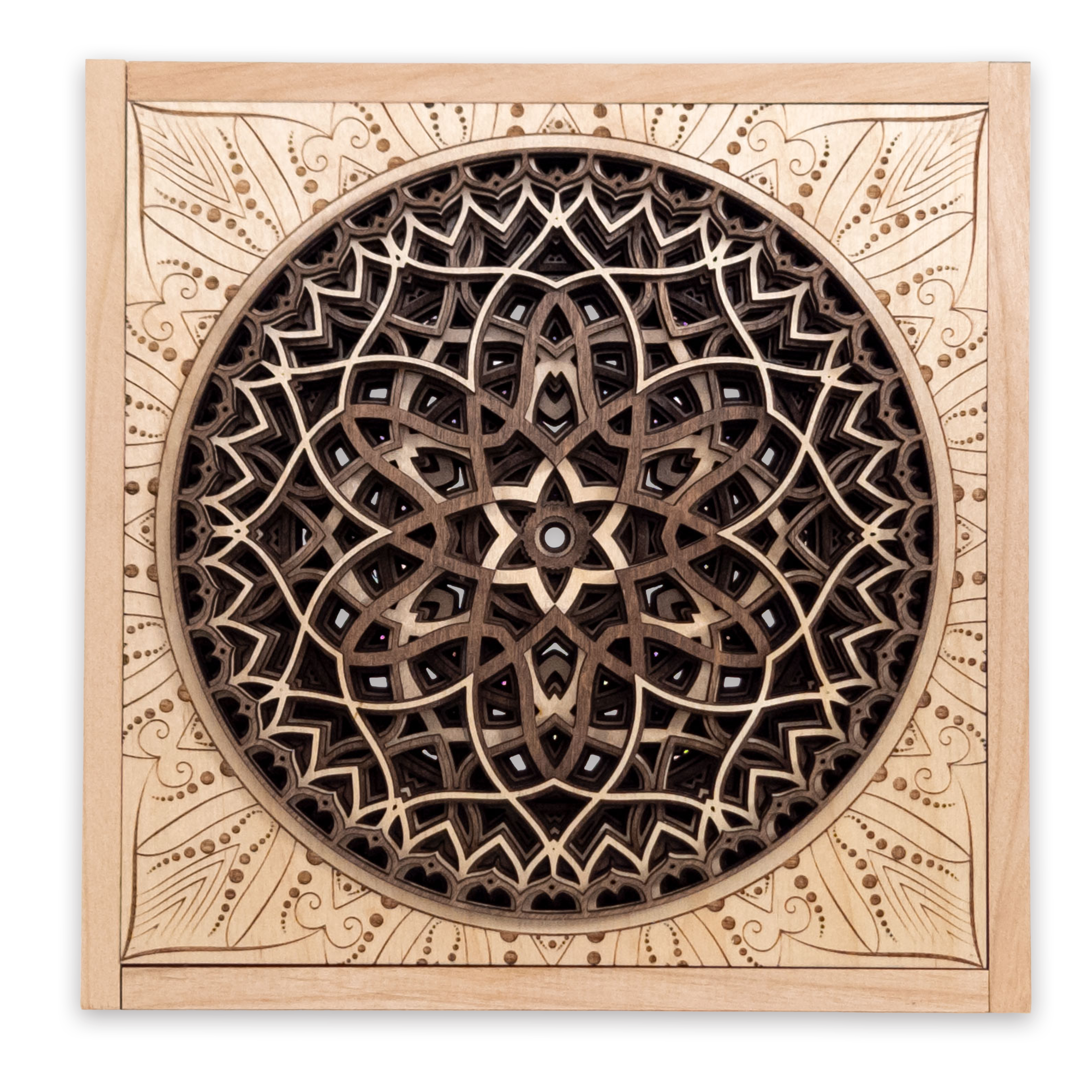 Multilayer 3D laser-cut engraved square mandala wall art, Baltic Birch Plywood