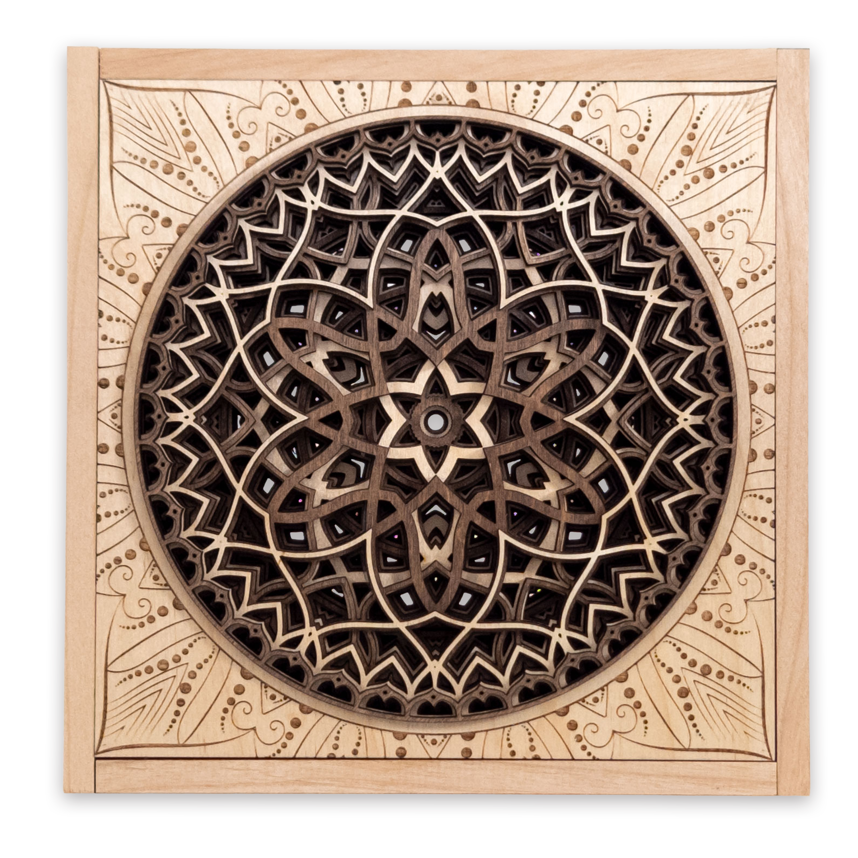 Multilayer 3D laser-cut engraved square mandala wall art, Baltic Birch Plywood