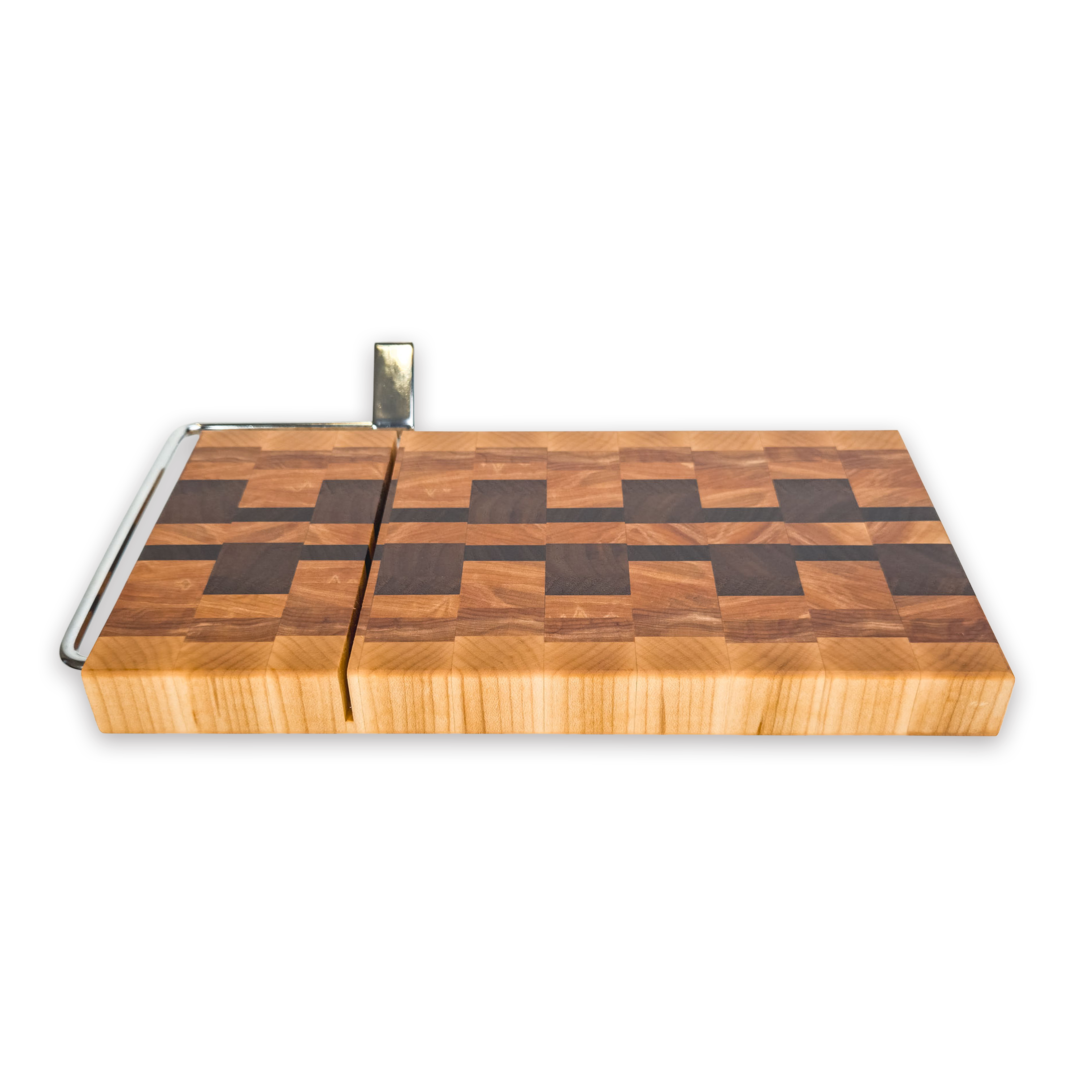 End grain maple, walnut & hickory cheese slicer board with wire cutter, oiled hardwood
