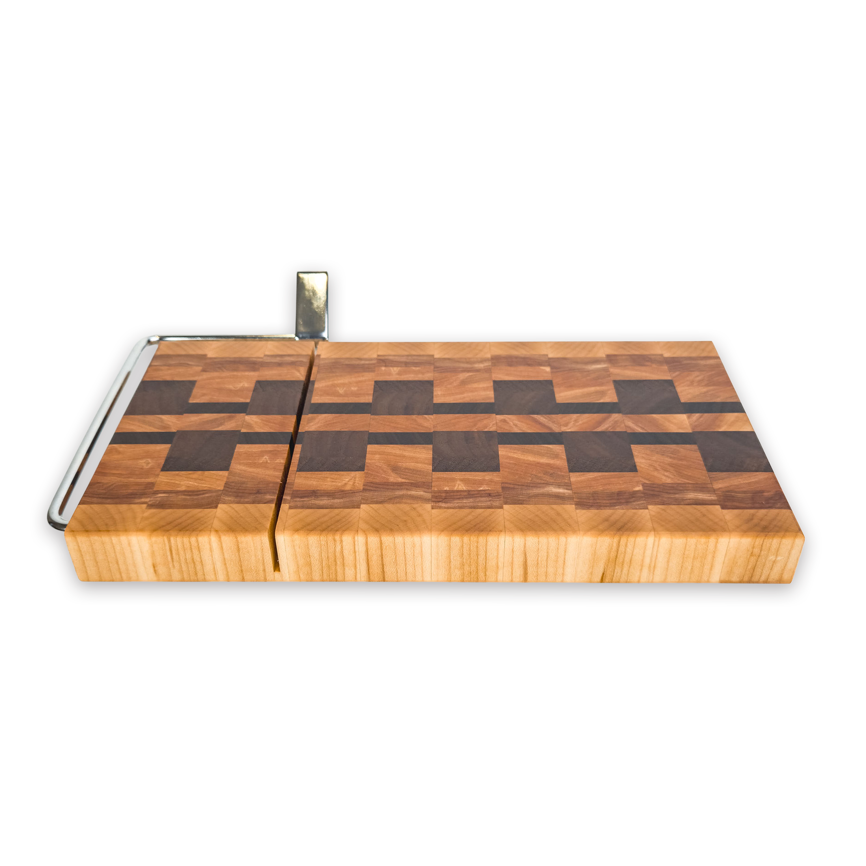 End grain maple, walnut & hickory cheese slicer board with wire cutter, oiled hardwood