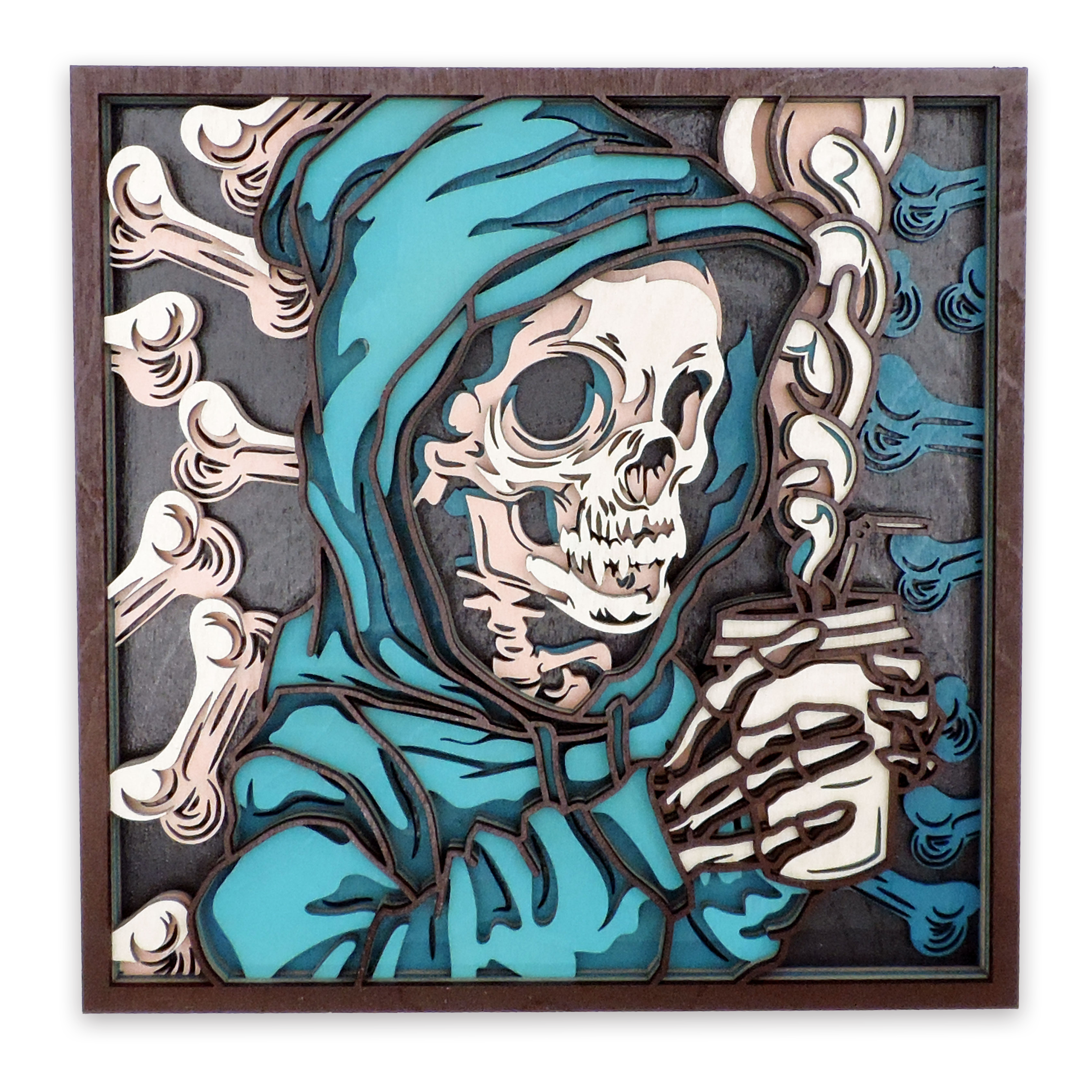 Multilayer 3D laser-cut coffee skeleton wall art, Baltic Birch Plywood