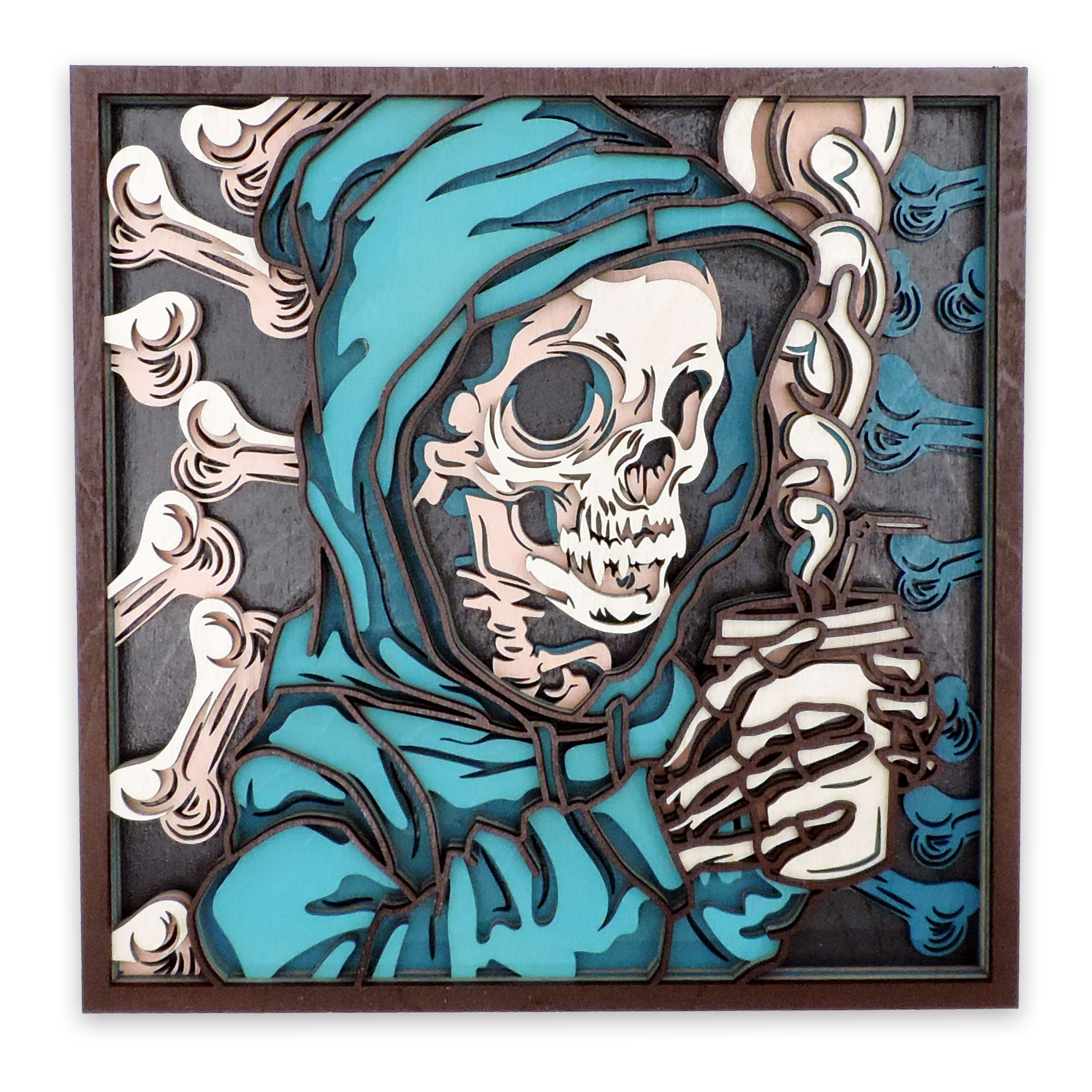 Multilayer 3D laser-cut coffee skeleton wall art, Baltic Birch Plywood