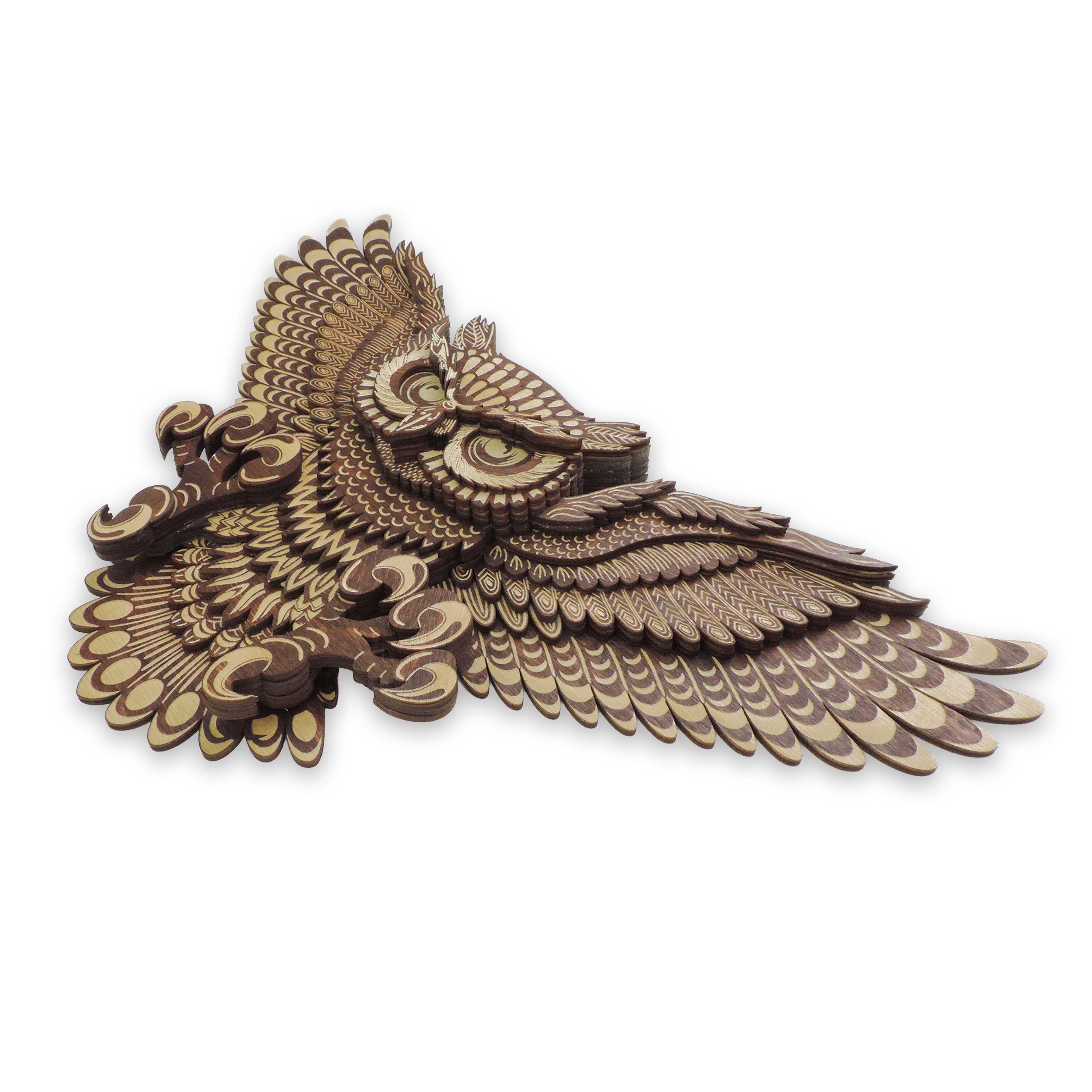 Multilayer 3D laser-cut flying owl wall art, Baltic Birch Plywood