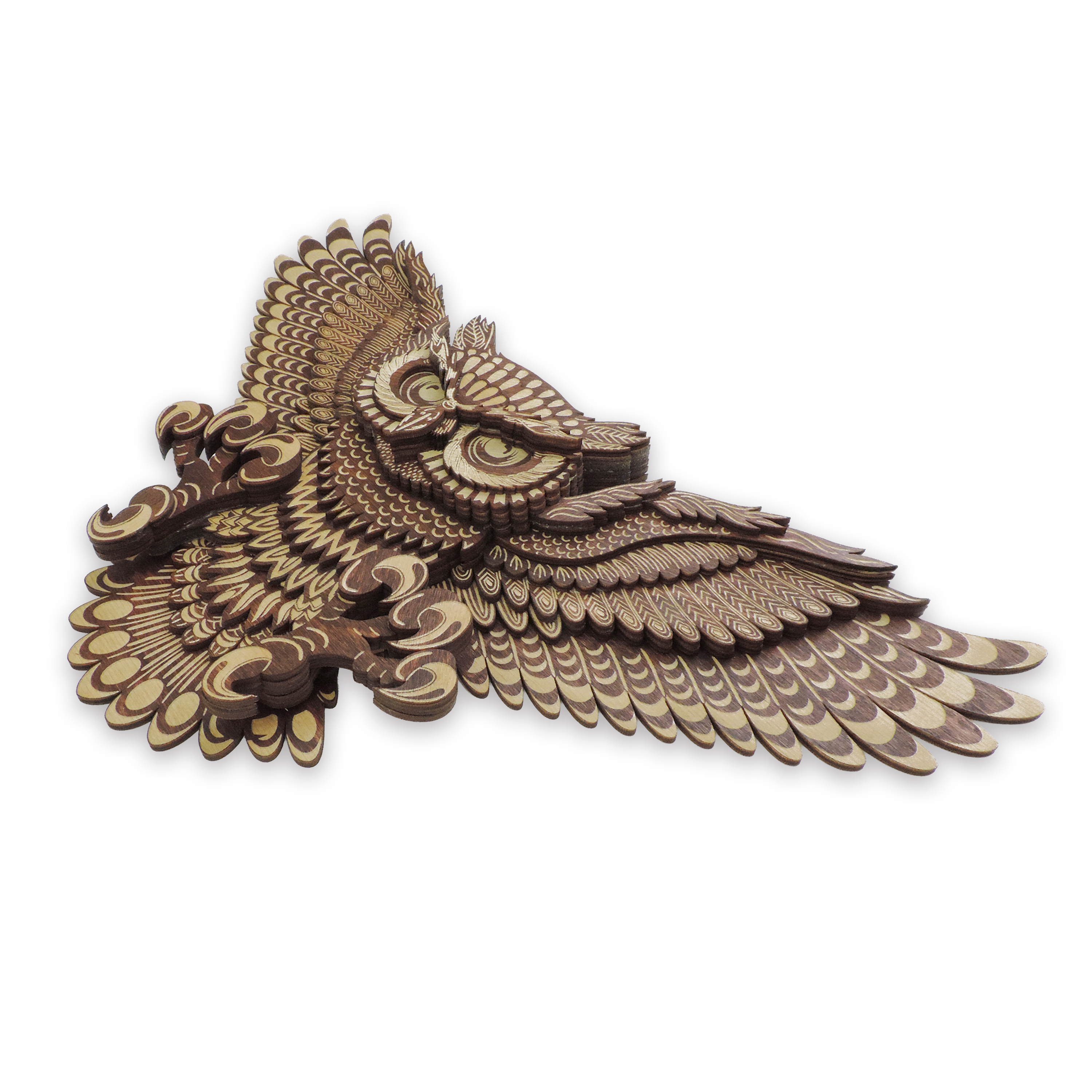 Multilayer 3D laser-cut flying owl wall art, Baltic Birch Plywood