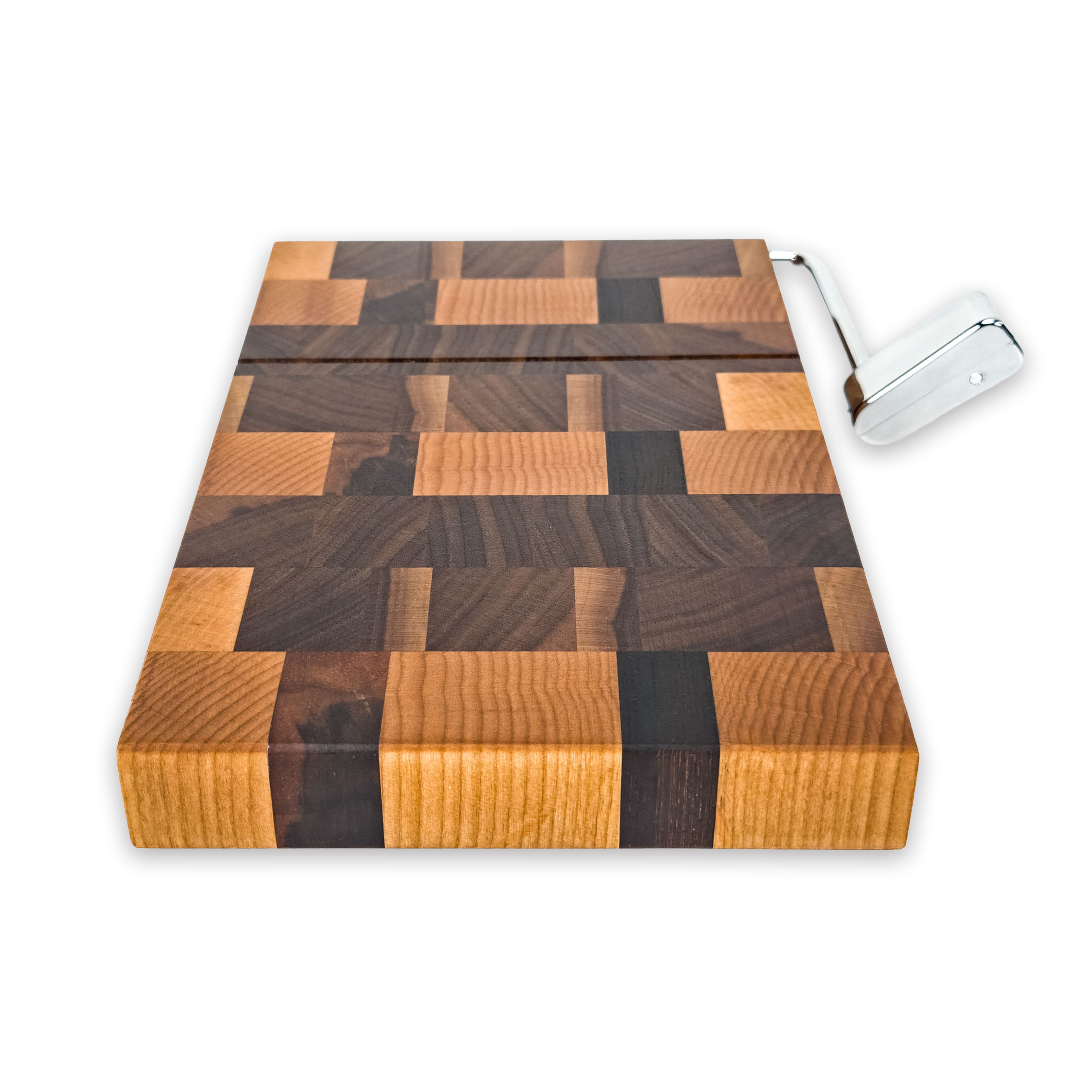 End grain oak, maple & walnut cheese slicer board with wire cutter, oiled hardwood