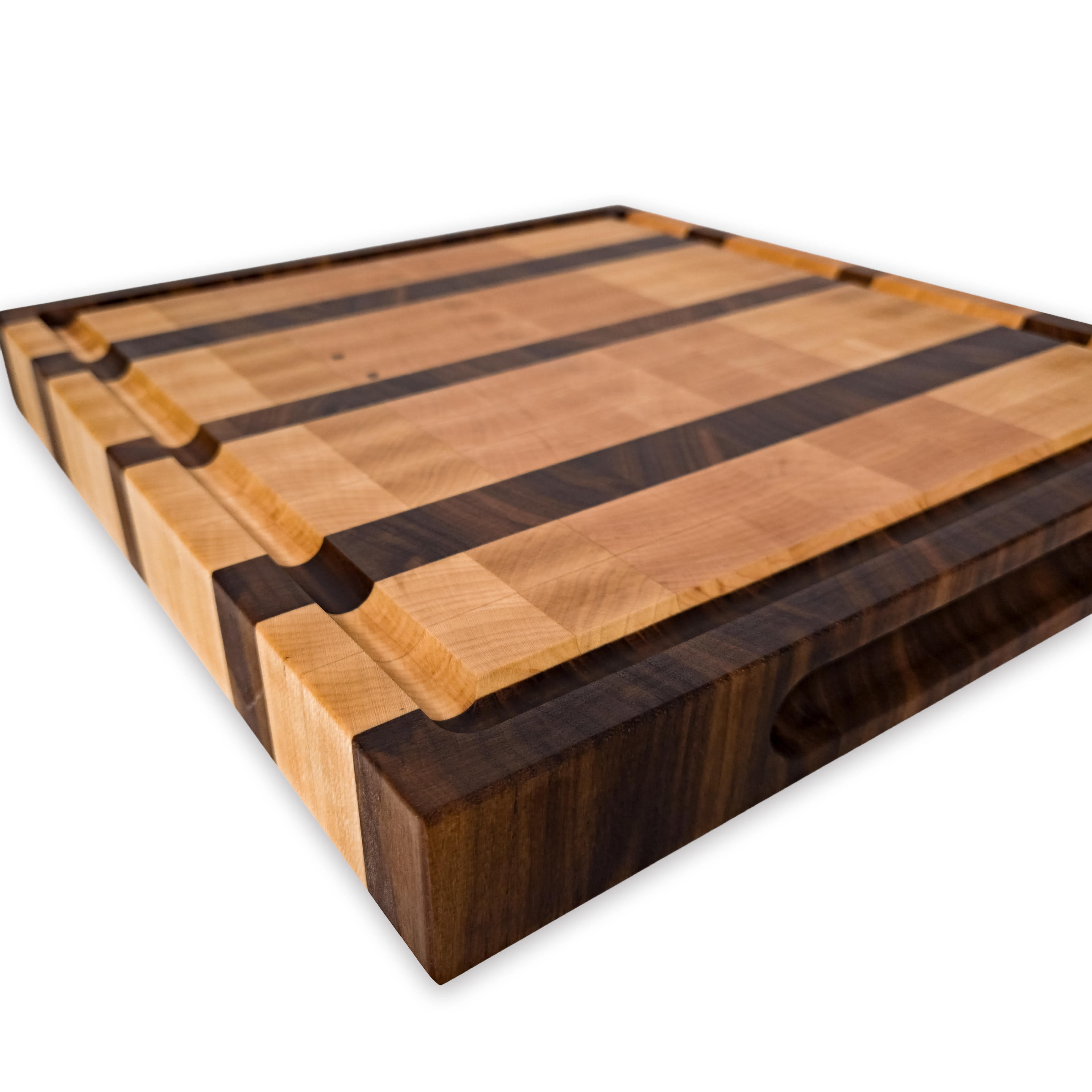 Maple and walnut end grain butcher block cutting board with juice groove