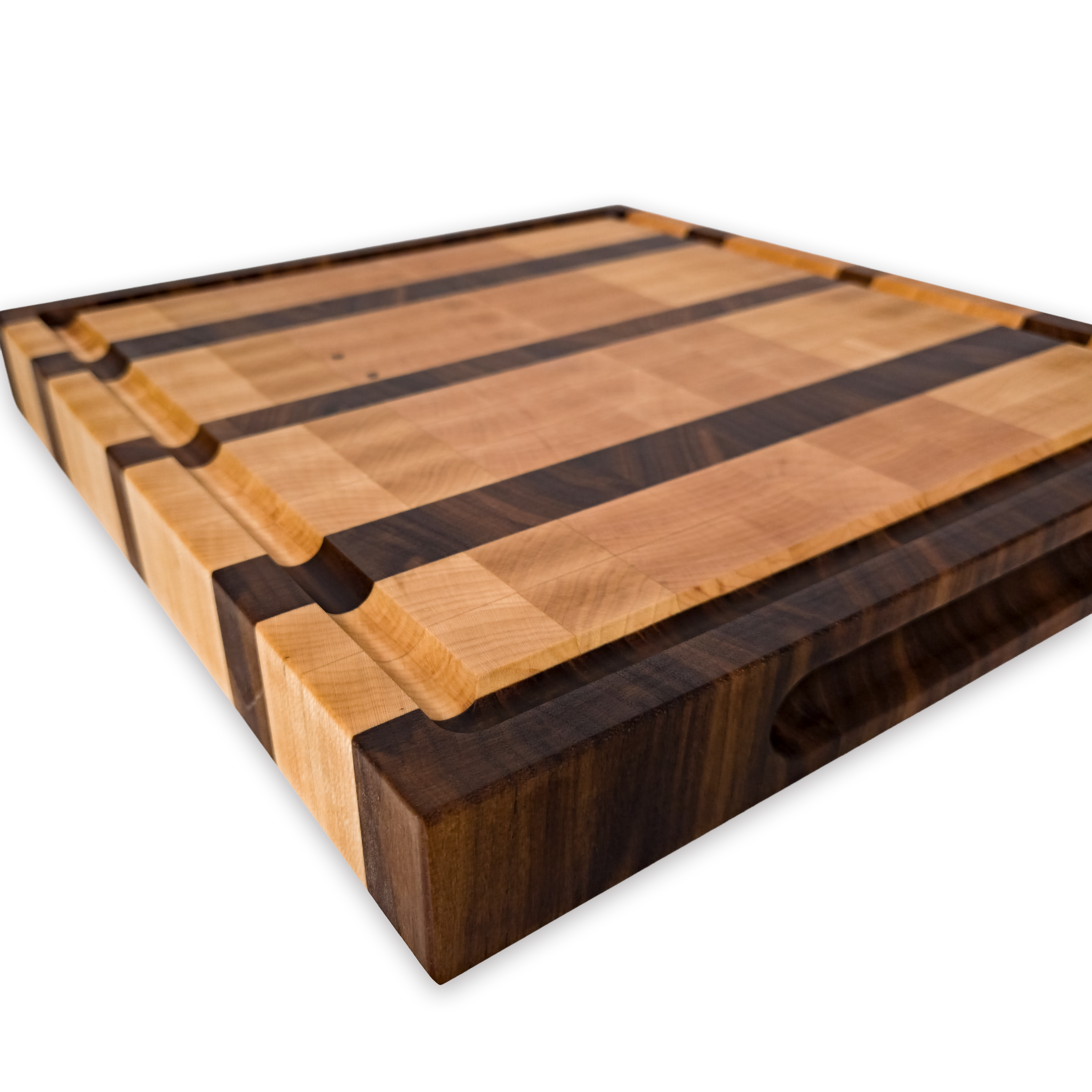 Maple and walnut end grain butcher block cutting board with juice groove