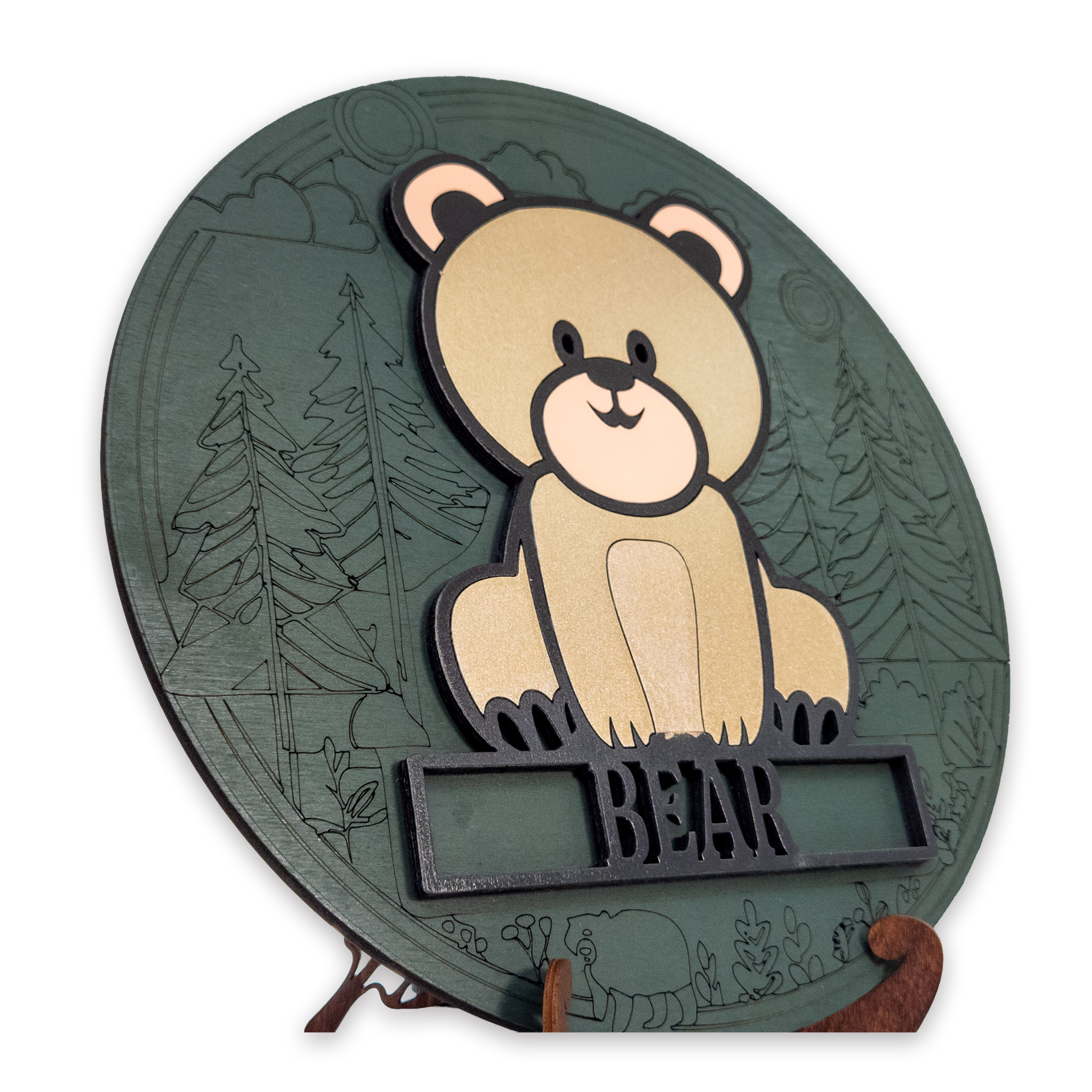 Multilayer 3D laser-cut baby bear name sign wall art, Baltic Birch Plywood