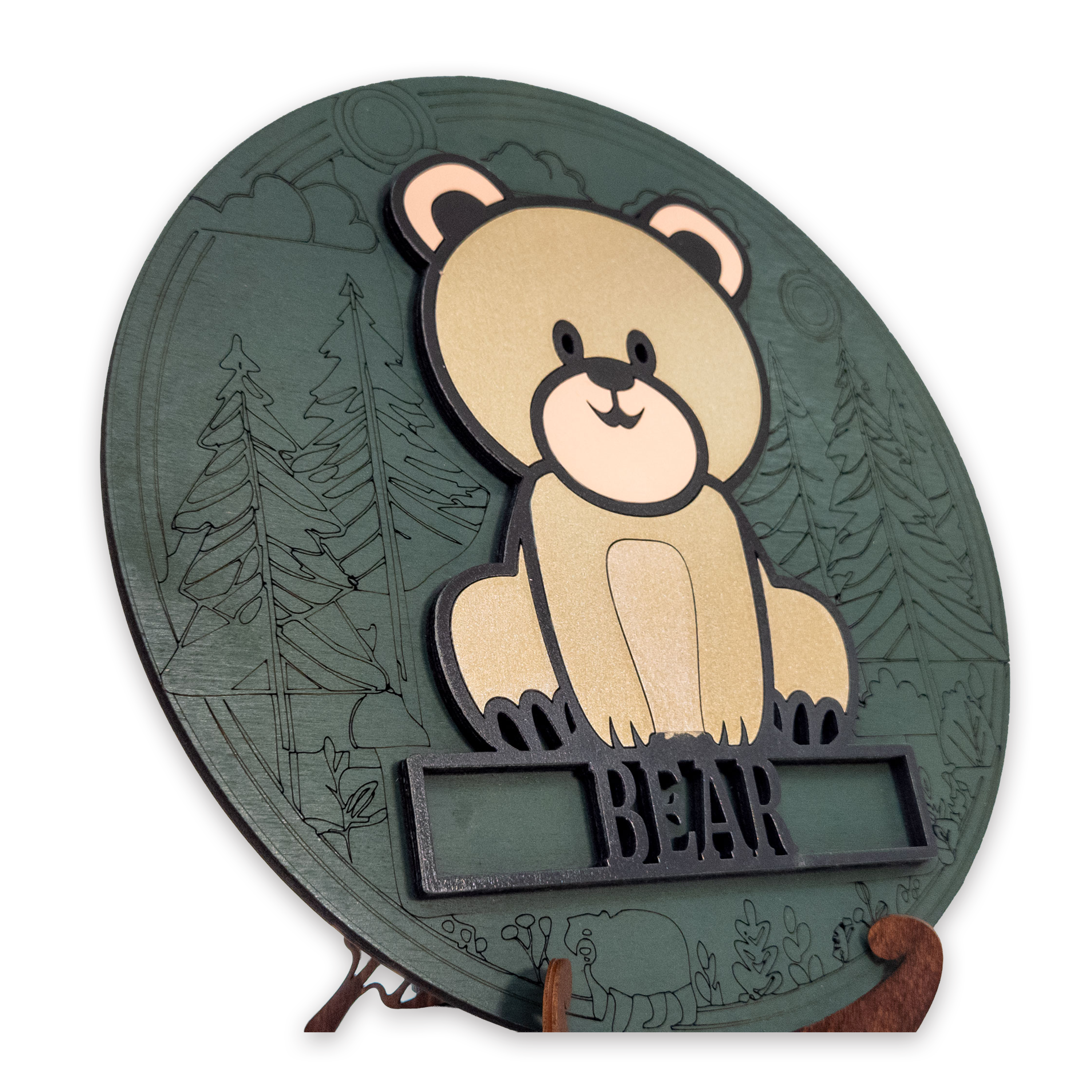 Multilayer 3D laser-cut baby bear name sign wall art, Baltic Birch Plywood