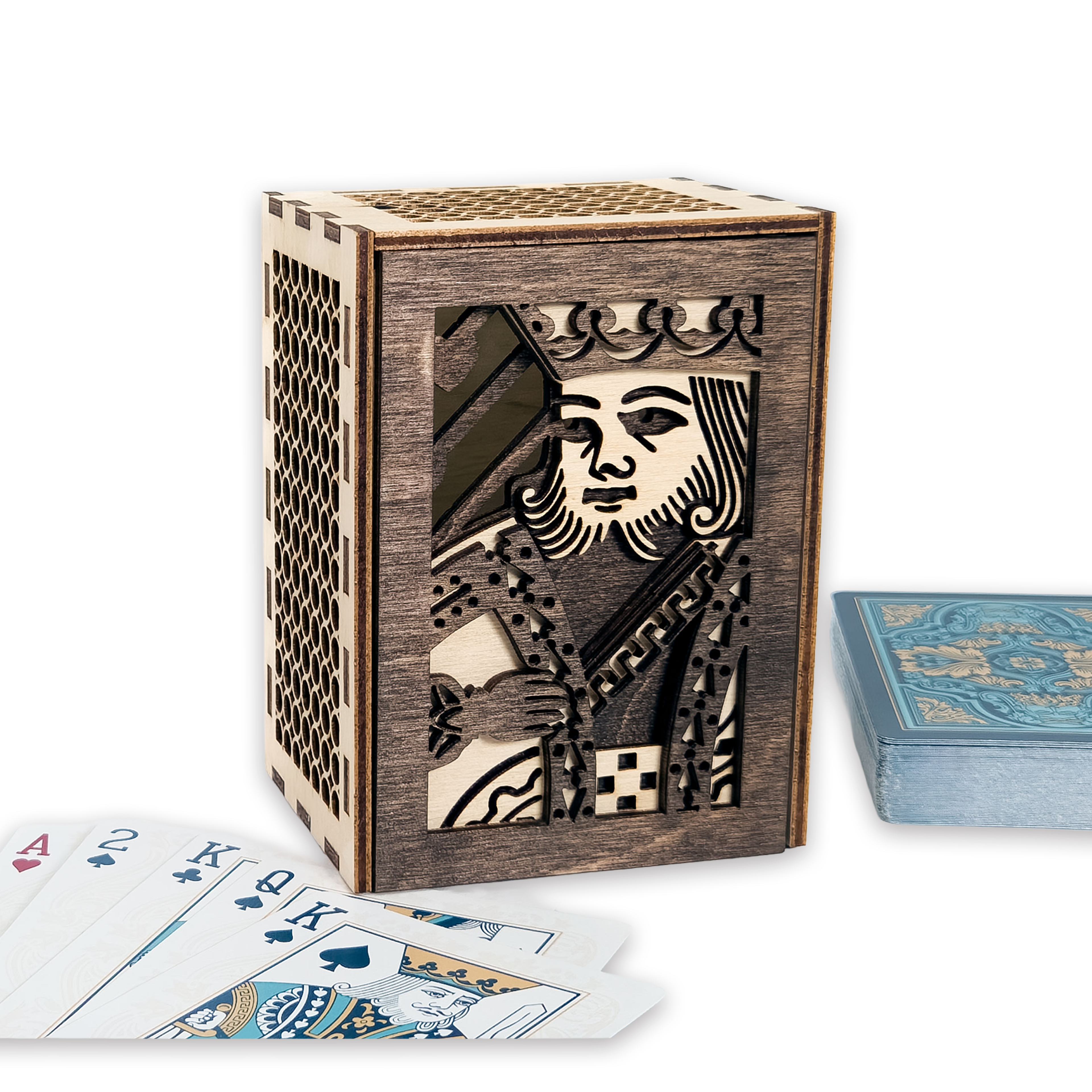 Laser-cut king of hearts poker card box, walnut & maple birch plywood