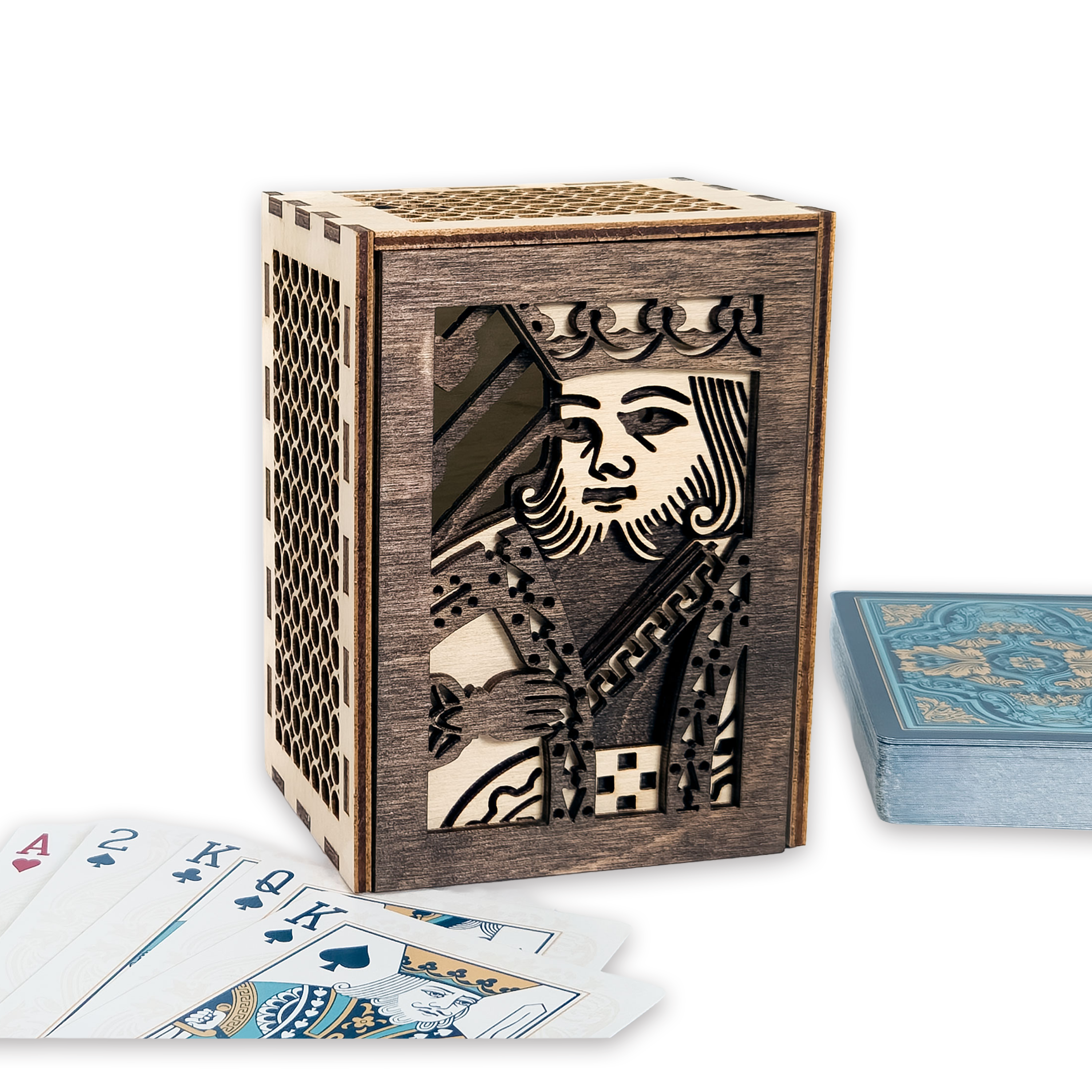 Laser-cut king of hearts poker card box, walnut & maple birch plywood